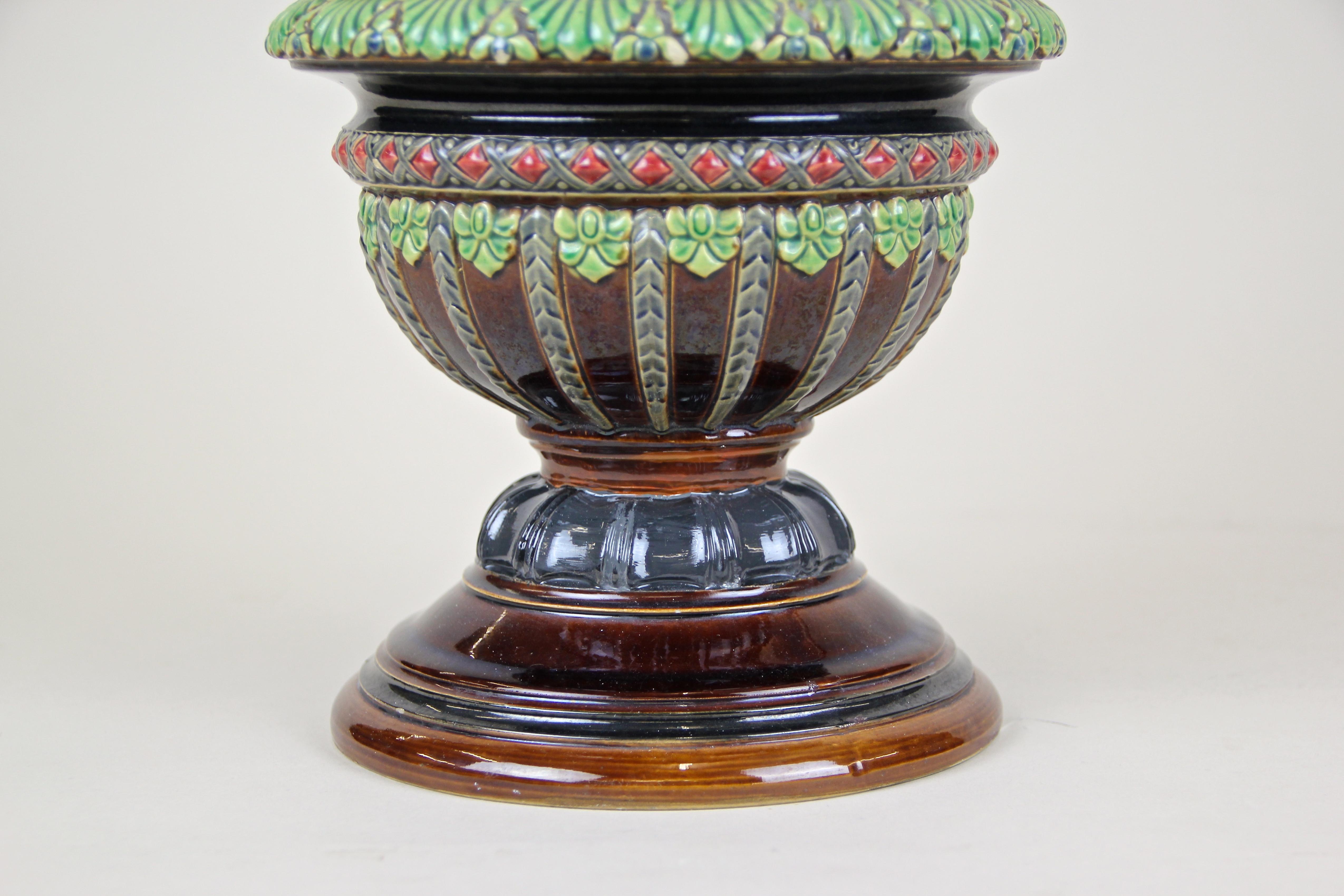 Hand-Painted Art Nouveau Majolica Amphora Vase by Wilhelm Schiller & Son, Bohemia, circa 1900