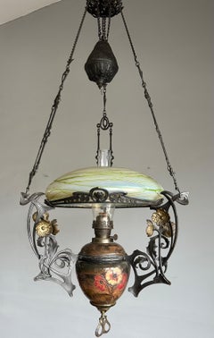 Art Nouveau Majolica and Loetz Art Glass Shade Oil Lamp Adjustable Pendant Light