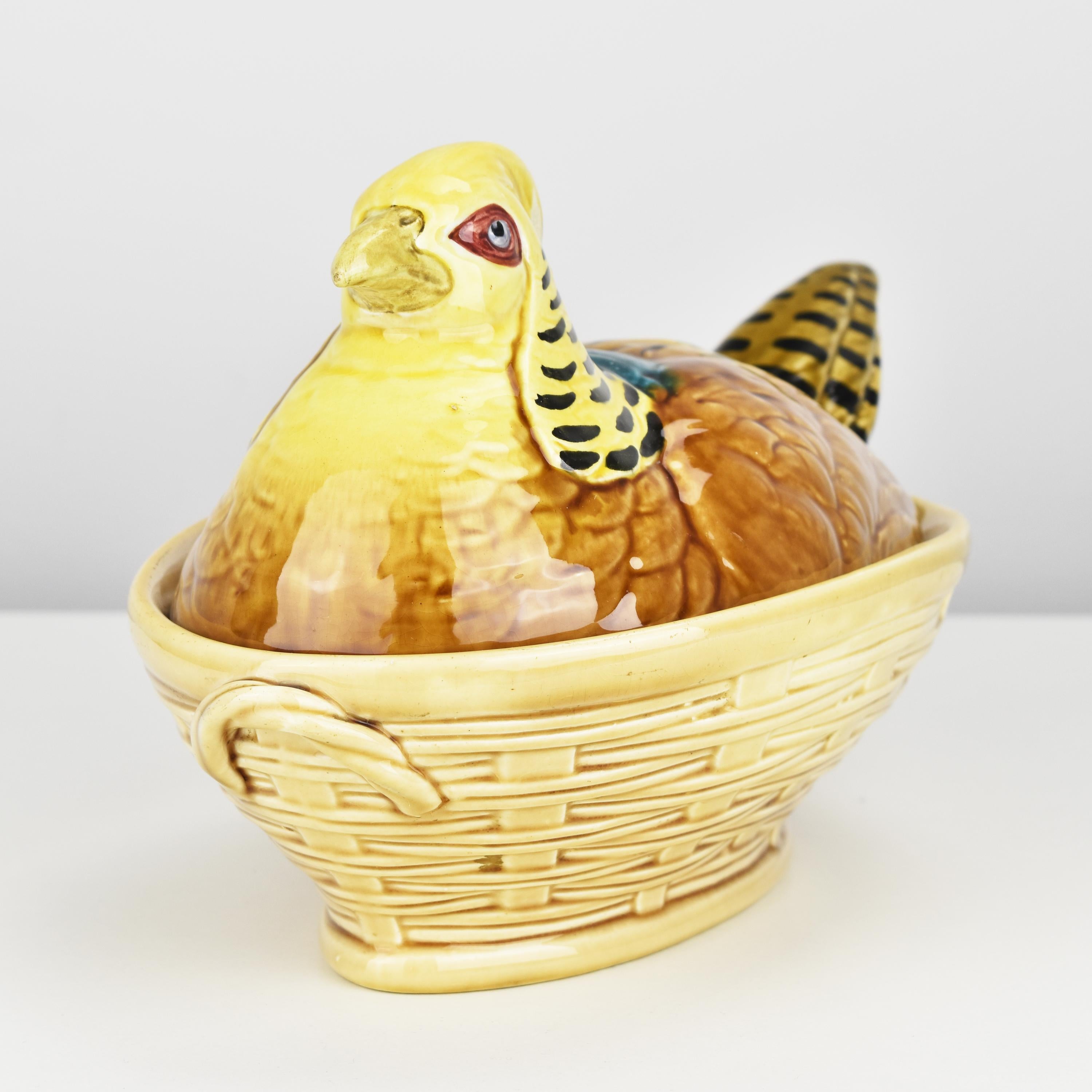 French Art Nouveau Majolica Barbotine Box Jar Pheasant on Basket by Sarreguemines For Sale