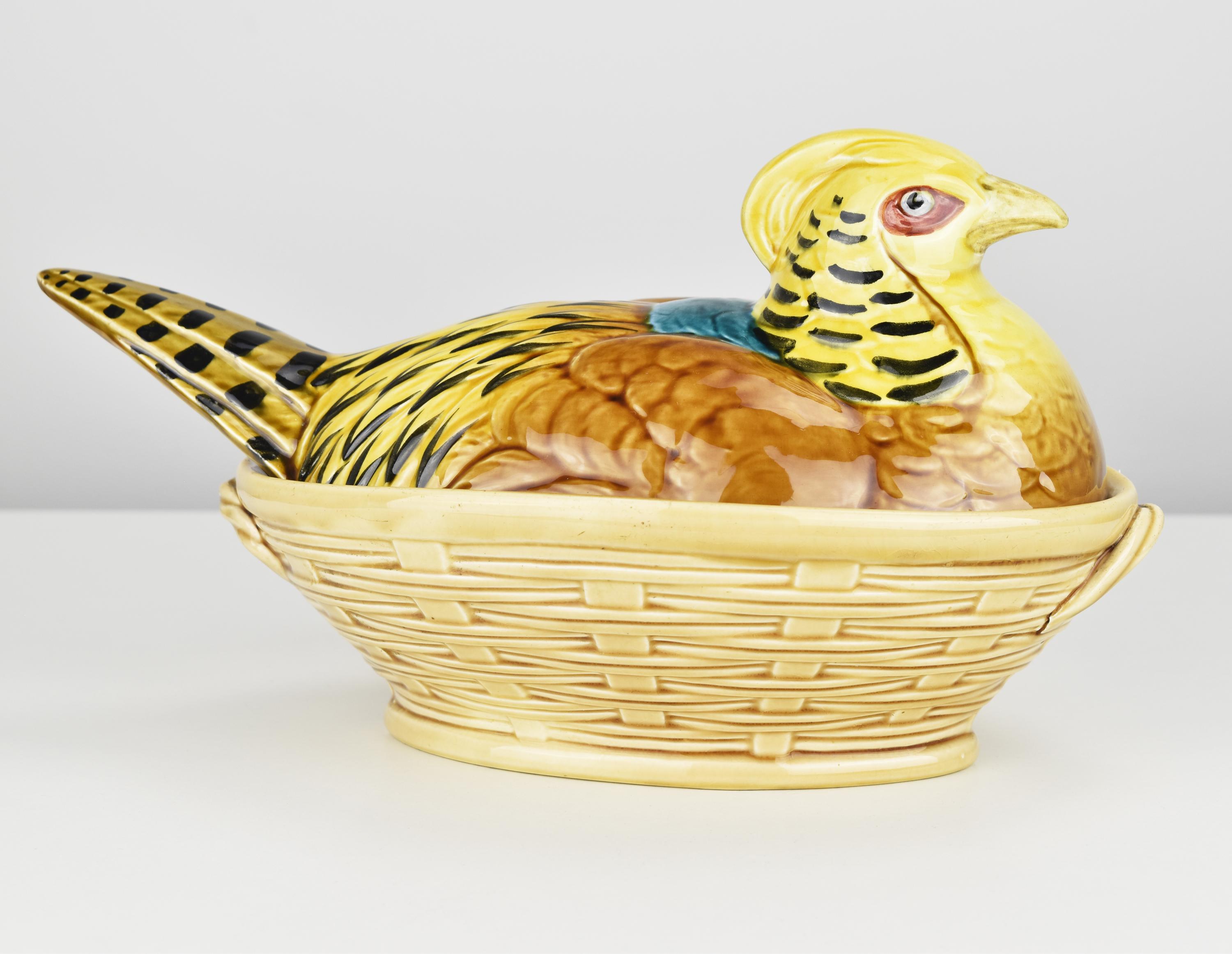 Hand-Painted Art Nouveau Majolica Barbotine Box Jar Pheasant on Basket by Sarreguemines For Sale