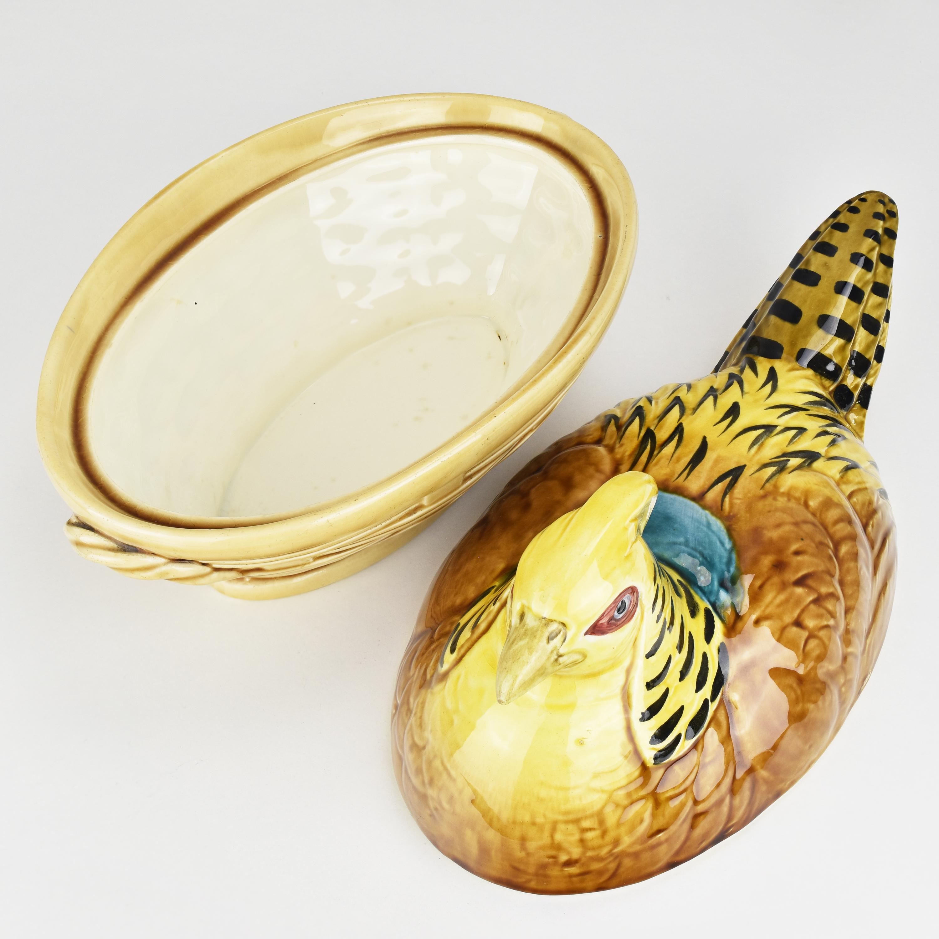 Early 20th Century Art Nouveau Majolica Barbotine Box Jar Pheasant on Basket by Sarreguemines For Sale