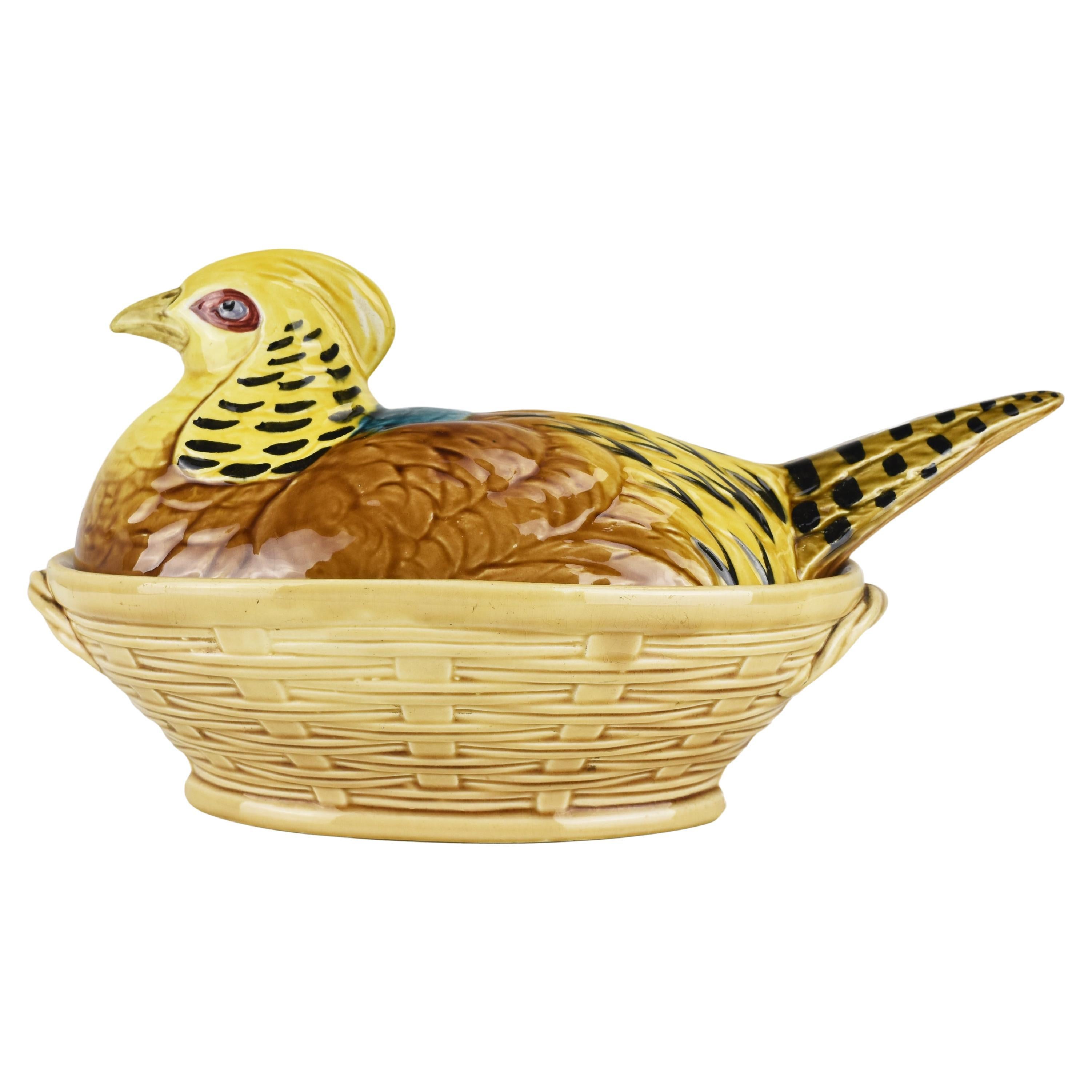 Art Nouveau Majolica Barbotine Box Jar Pheasant on Basket by Sarreguemines For Sale