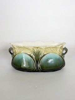 Art Nouveau Majolica Cachepot with Green and Blue Floral decorations, France