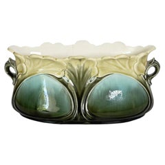 Art Nouveau Majolica Cachepot with Green and Blue Floral decorations, France