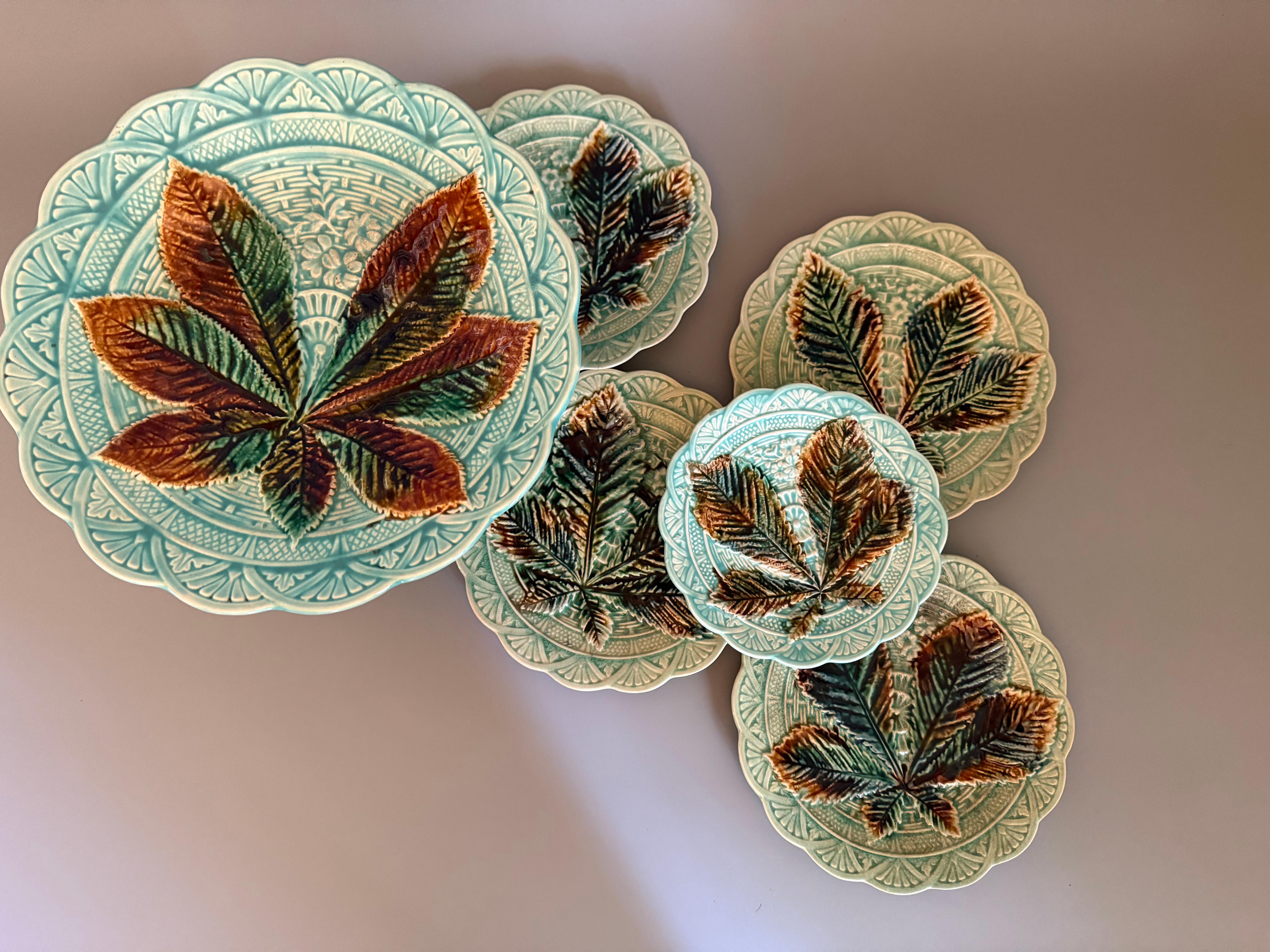 Art Nouveau Majolica Chestnut Leaf Six pieces Rörstrand Sweden 1880 For Sale 6