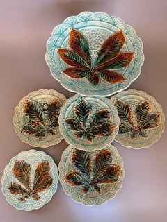Art Nouveau Majolica Chestnut Leaf Six pieces Rörstrand Sweden 1880