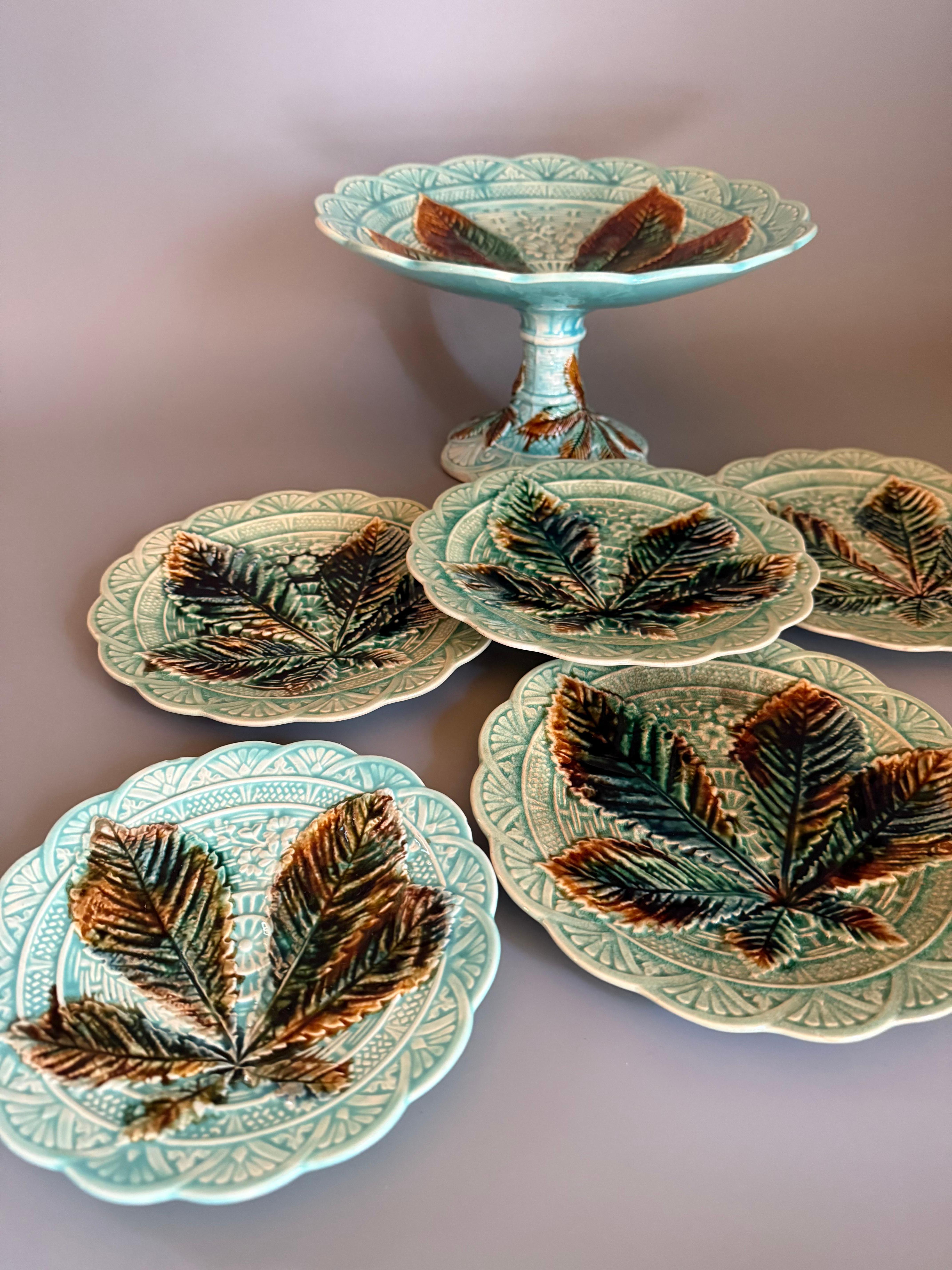 Swedish Art Nouveau Majolica Chestnut Leaf Six pieces Rörstrand Sweden 1880 For Sale