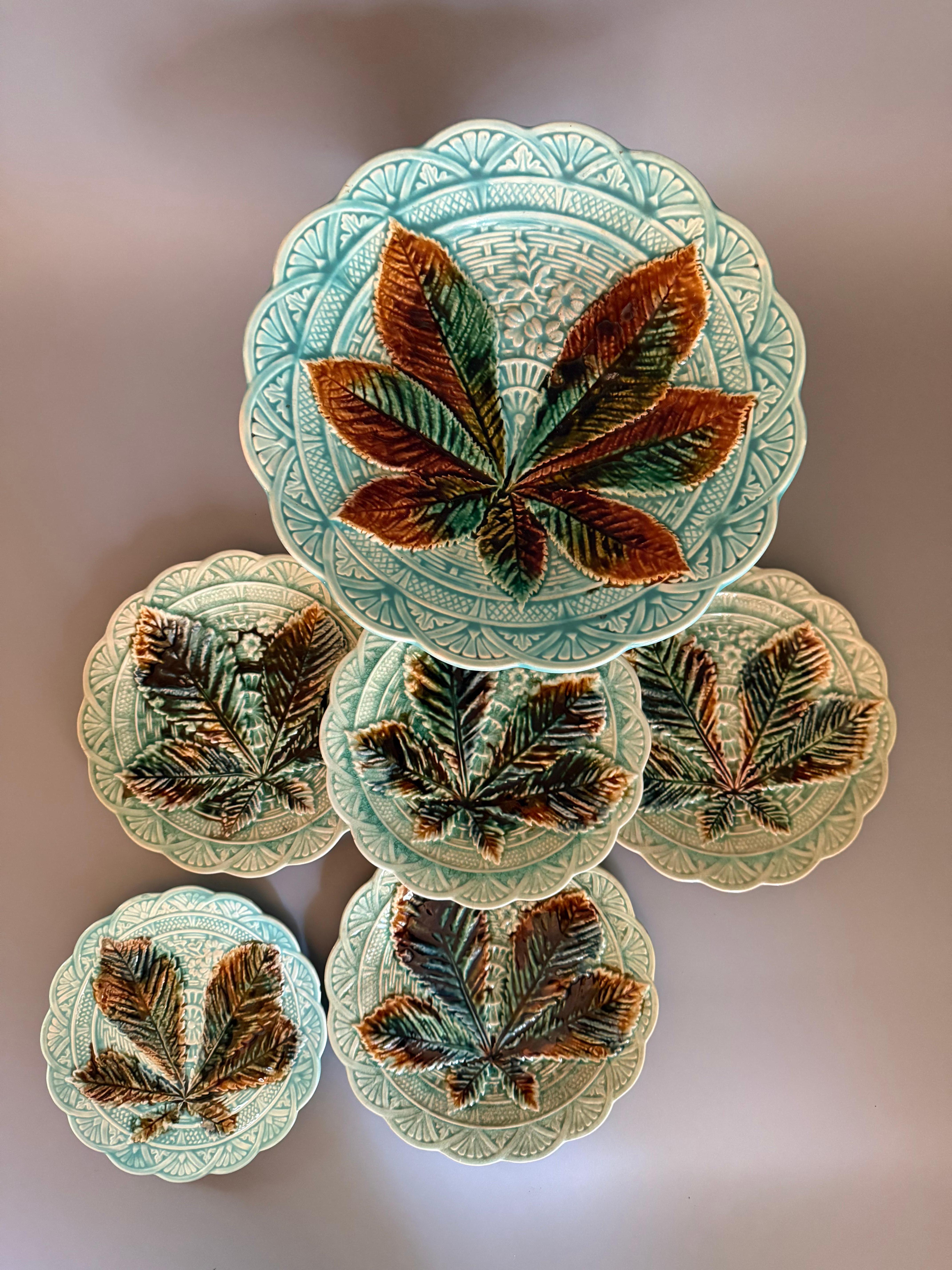 Glazed Art Nouveau Majolica Chestnut Leaf Six pieces Rörstrand Sweden 1880 For Sale