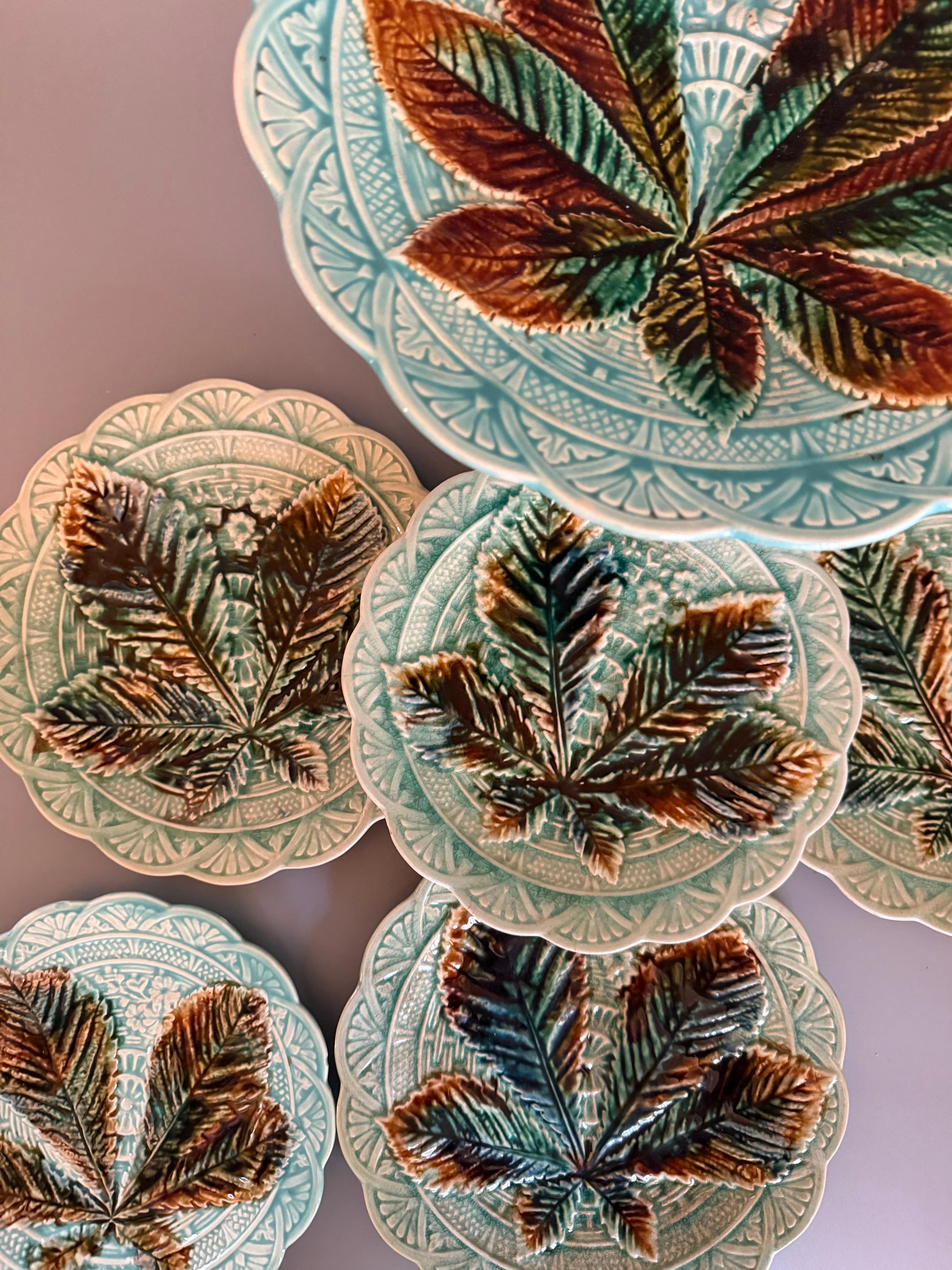 Late 19th Century Art Nouveau Majolica Chestnut Leaf Six pieces Rörstrand Sweden 1880 For Sale