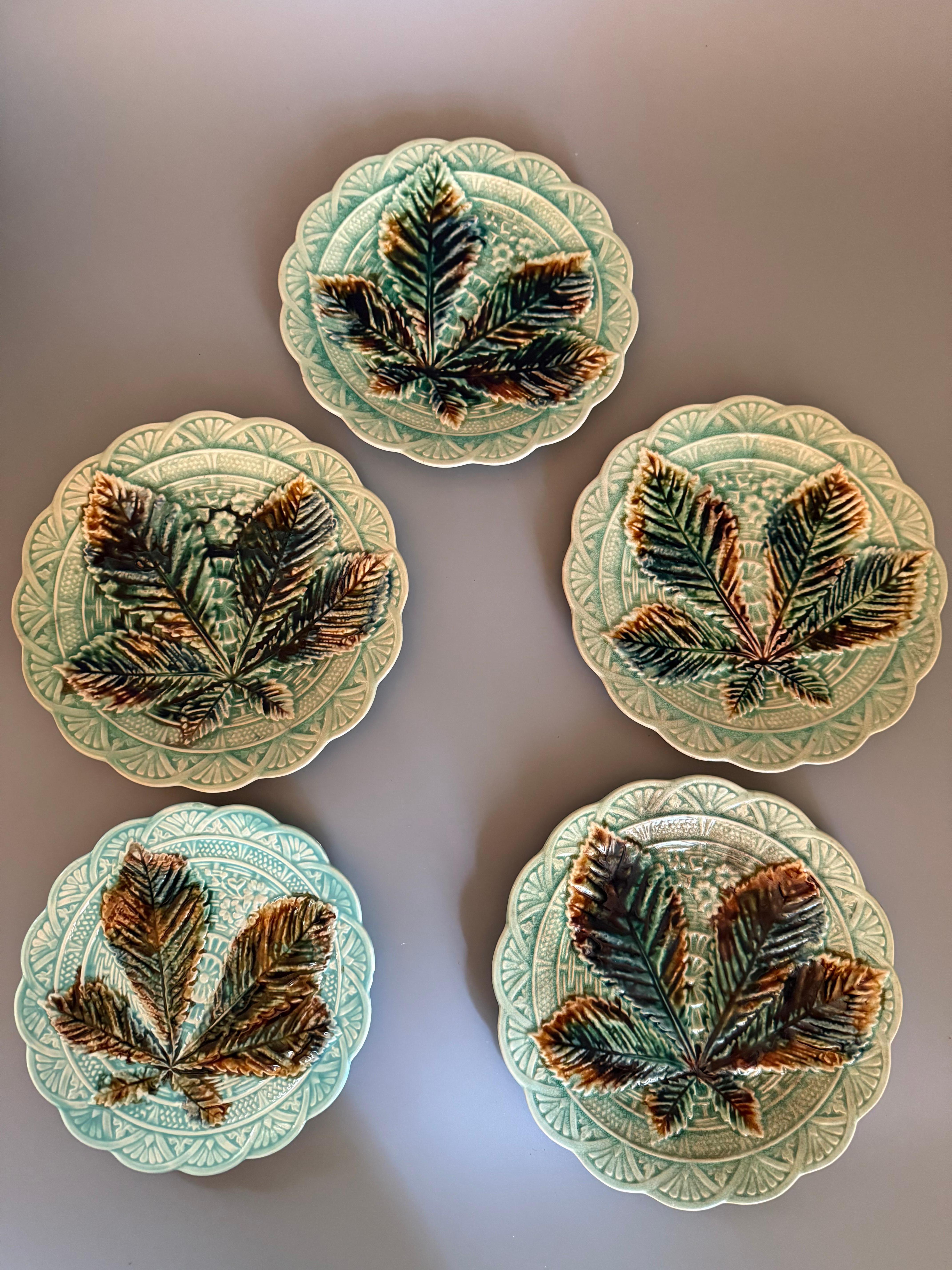 Ceramic Art Nouveau Majolica Chestnut Leaf Six pieces Rörstrand Sweden 1880 For Sale