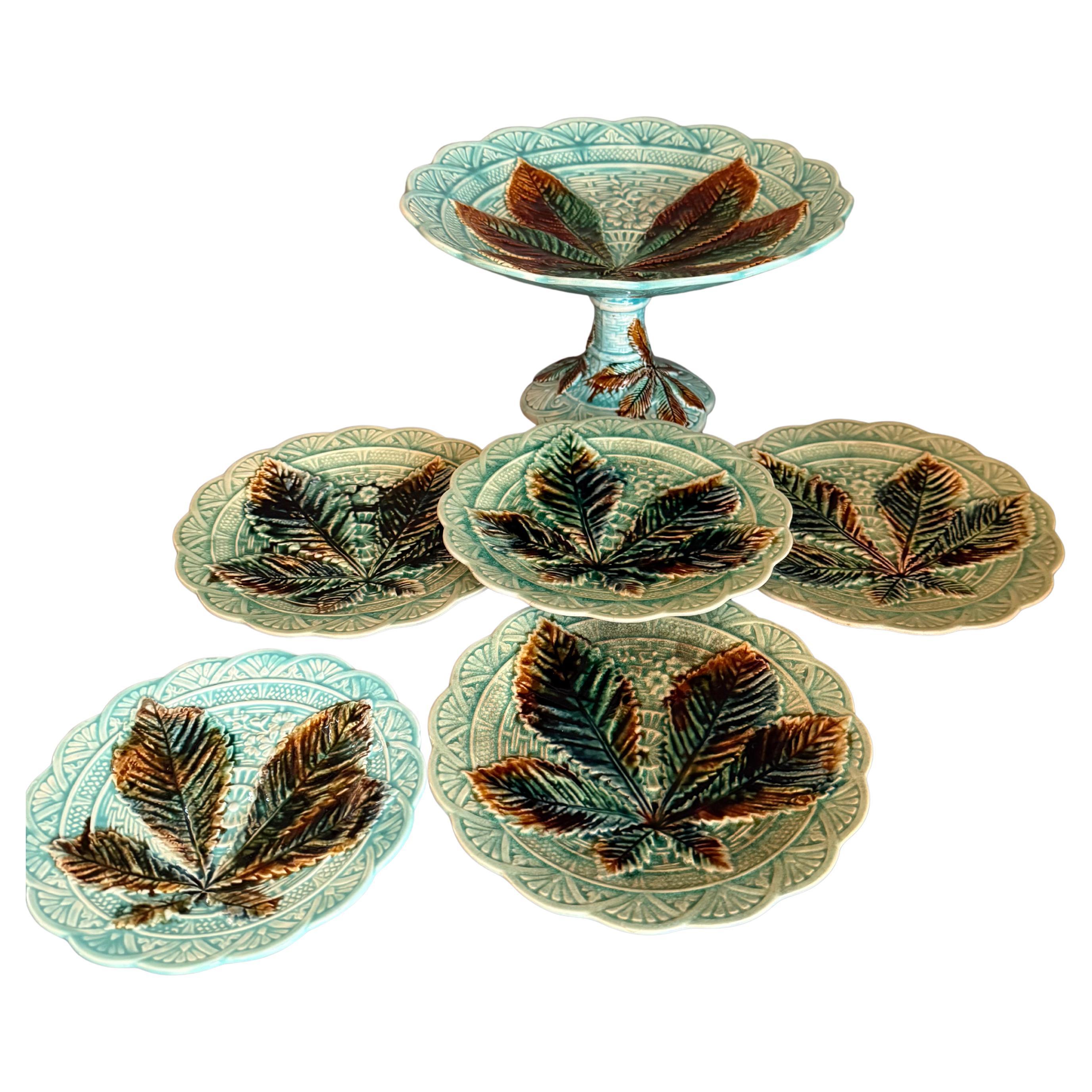 Art Nouveau Majolica Chestnut Leaf Six pieces Rörstrand Sweden 1880 For Sale