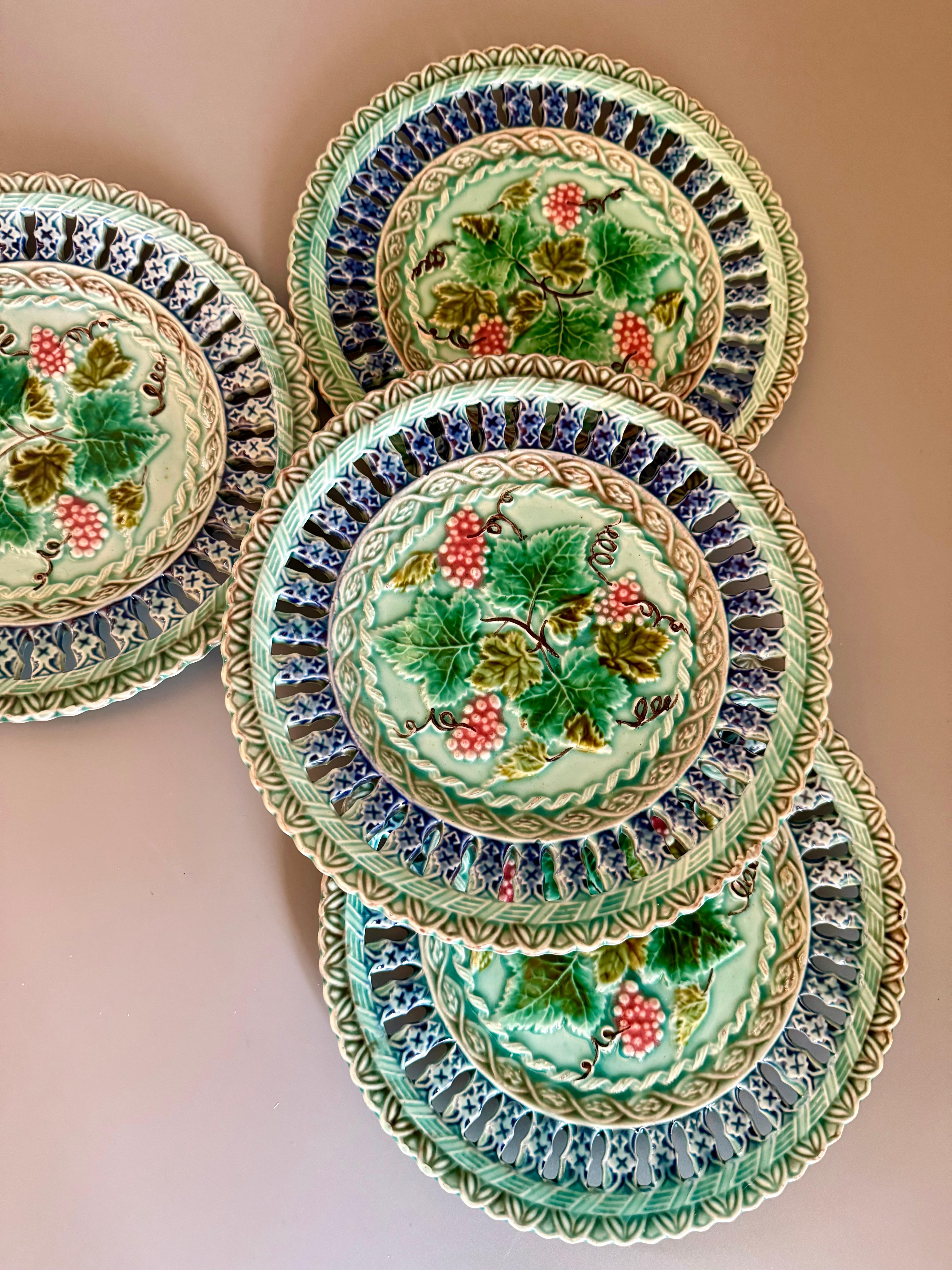 Ceramic Art Nouveau Majolica Floral Four Plates Germany For Sale
