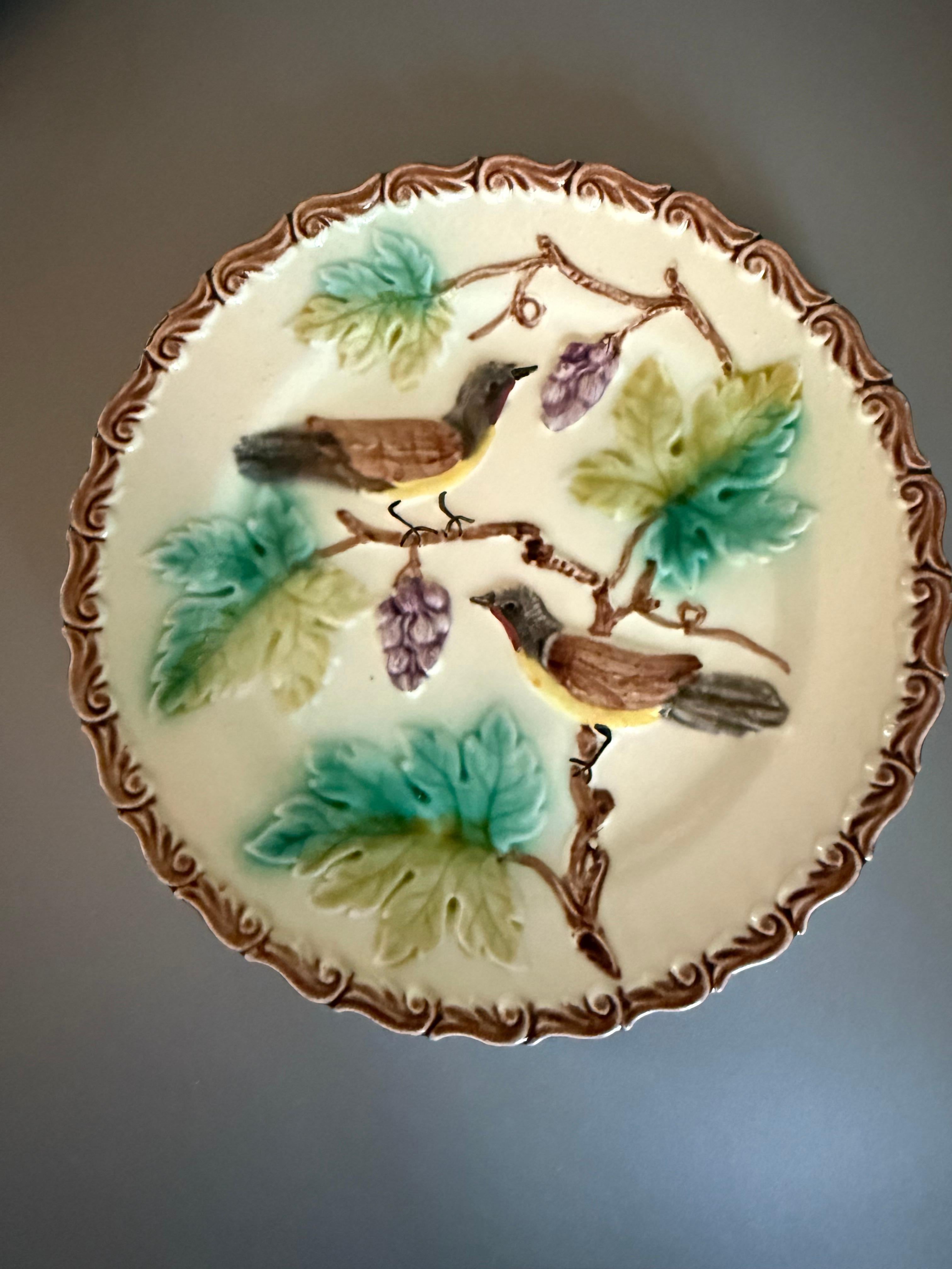 Early 20th Century Art Nouveau Majolica Four Plates Birds Grapes Germany For Sale