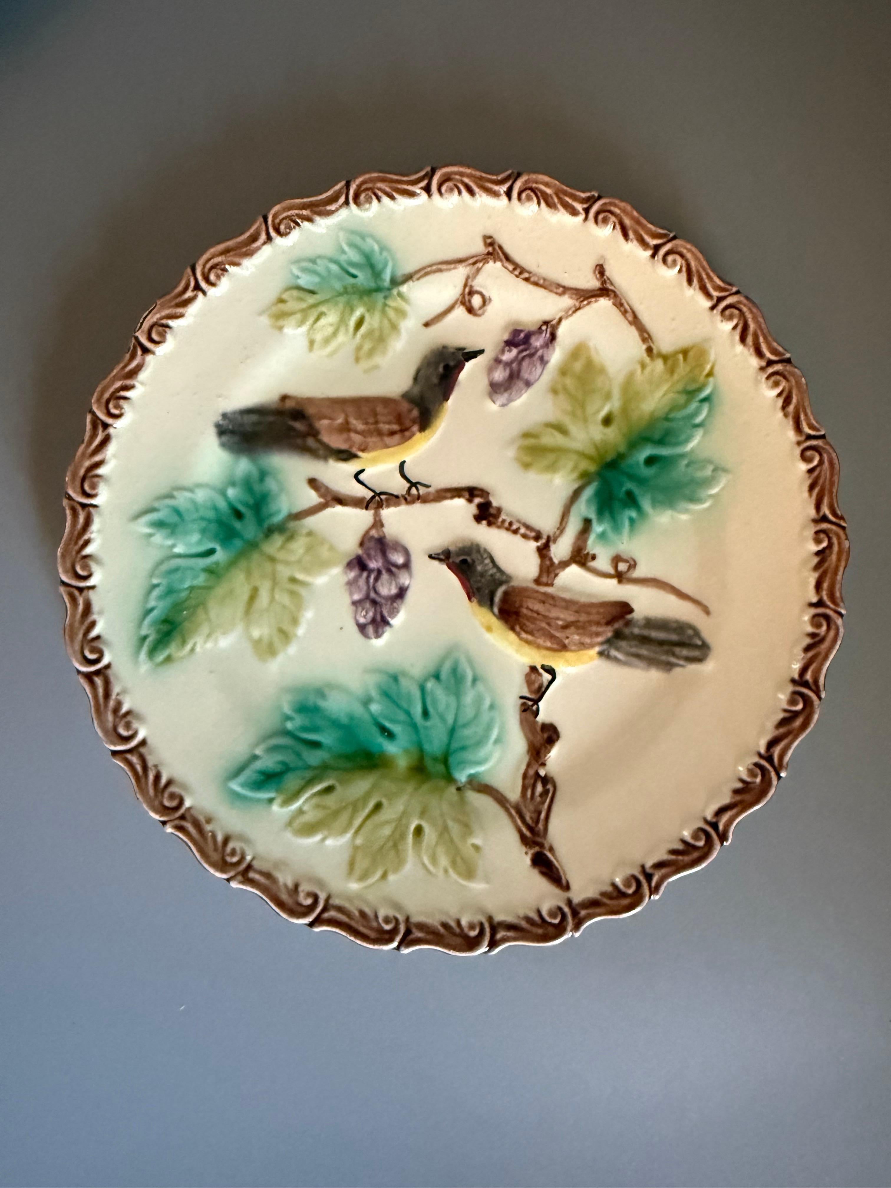 Ceramic Art Nouveau Majolica Four Plates Birds Grapes Germany For Sale