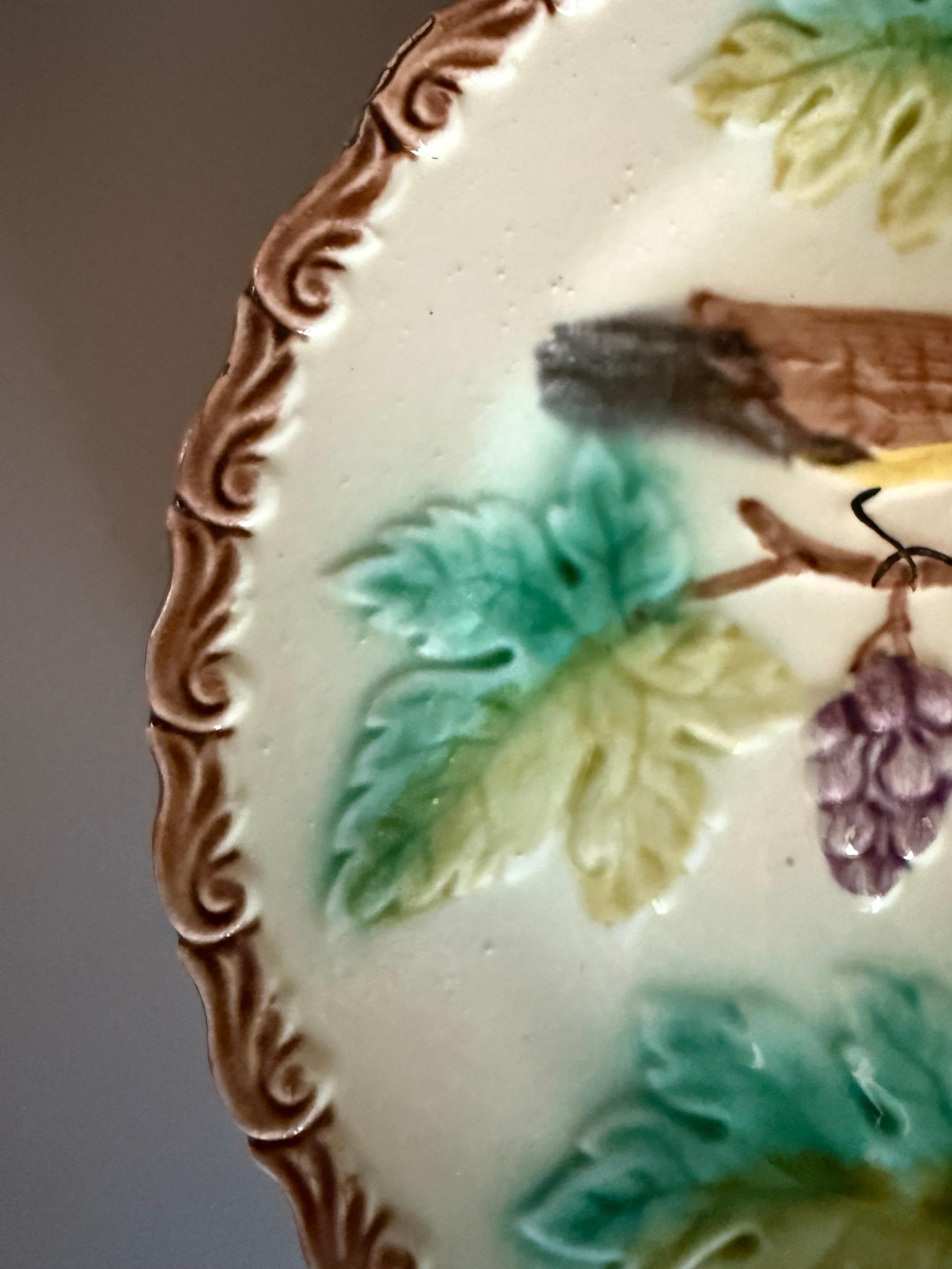 Art Nouveau Majolica Four Plates Birds Grapes Germany For Sale 2