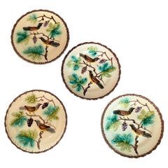 Art Nouveau Majolica Four Plates Birds Grapes Germany