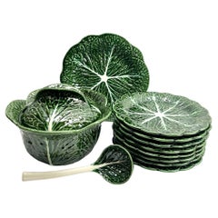 Vintage Art Nouveau Majolica glazed tableware set of 10 pieces Leaves pattern in relief.