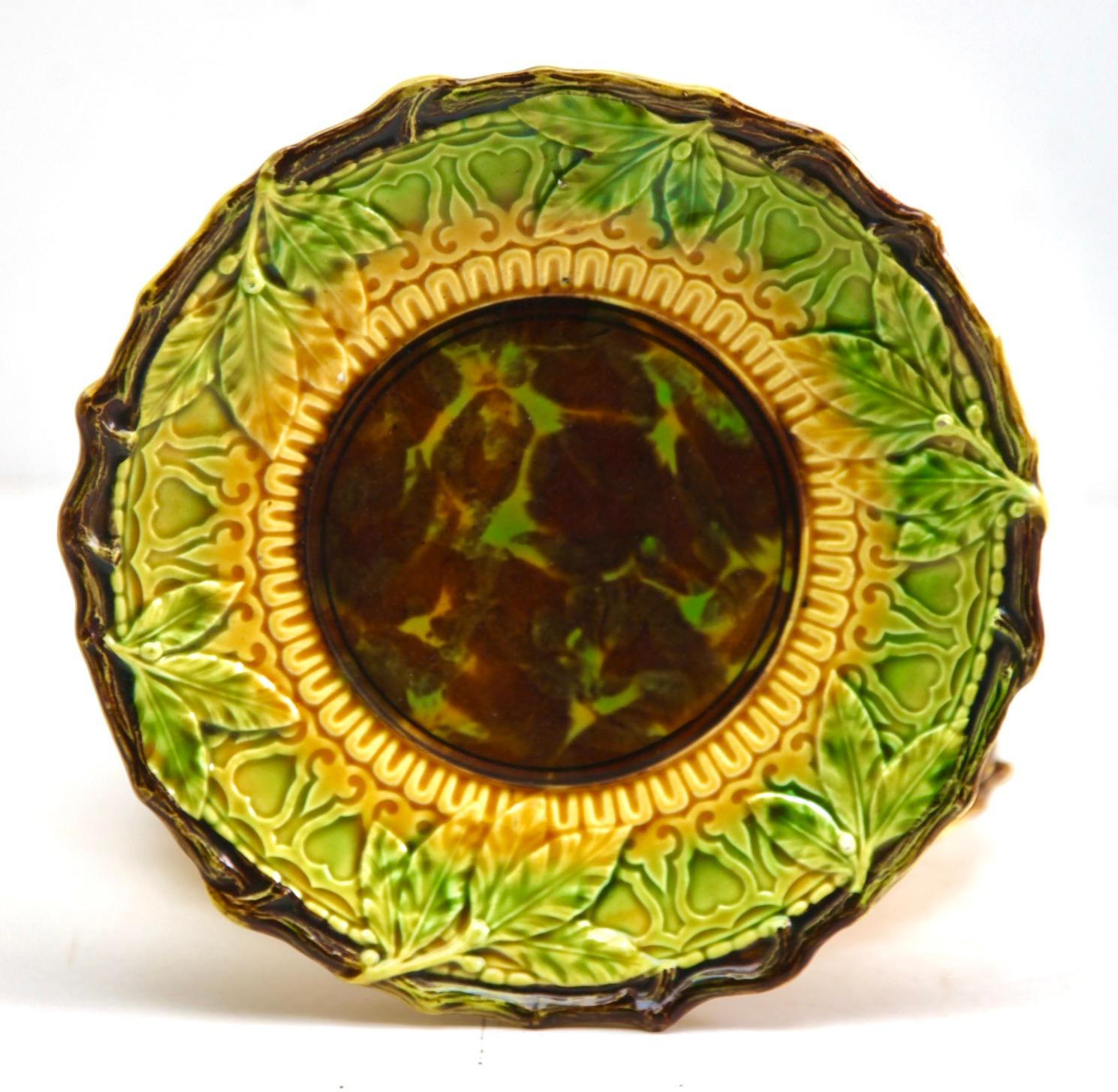 French Art Nouveau Majolica glazed tableware set of 9 pieces Leaves pattern in relief. For Sale