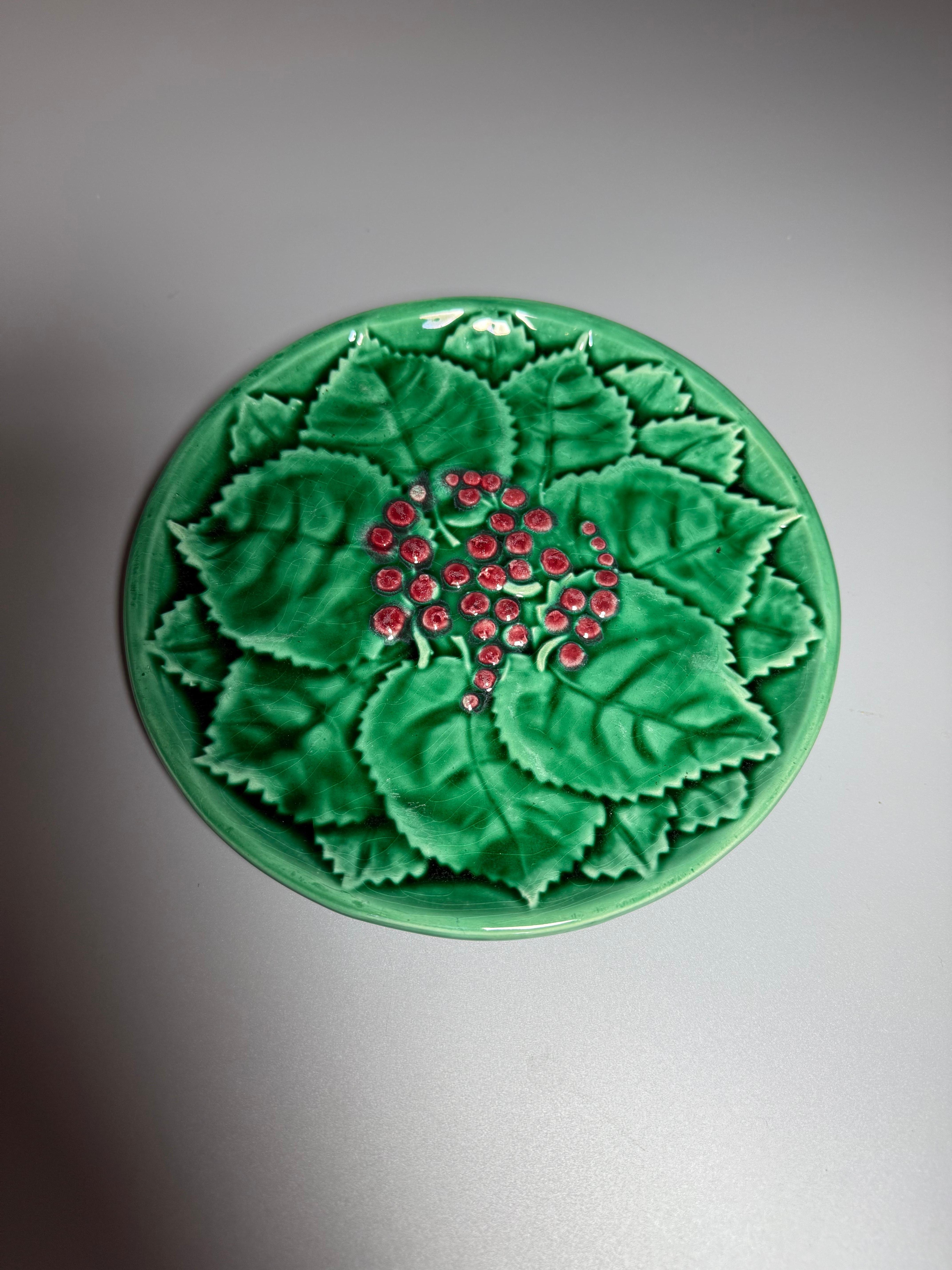  L'assiette présentée sur l'image semble être une assiette en céramique d'époque avec un motif en relief représentant des feuilles et des baies, caractéristique de la majolique ou de la Barbotine. 
L'Atelier de Cerenne (souvent mal orthographié