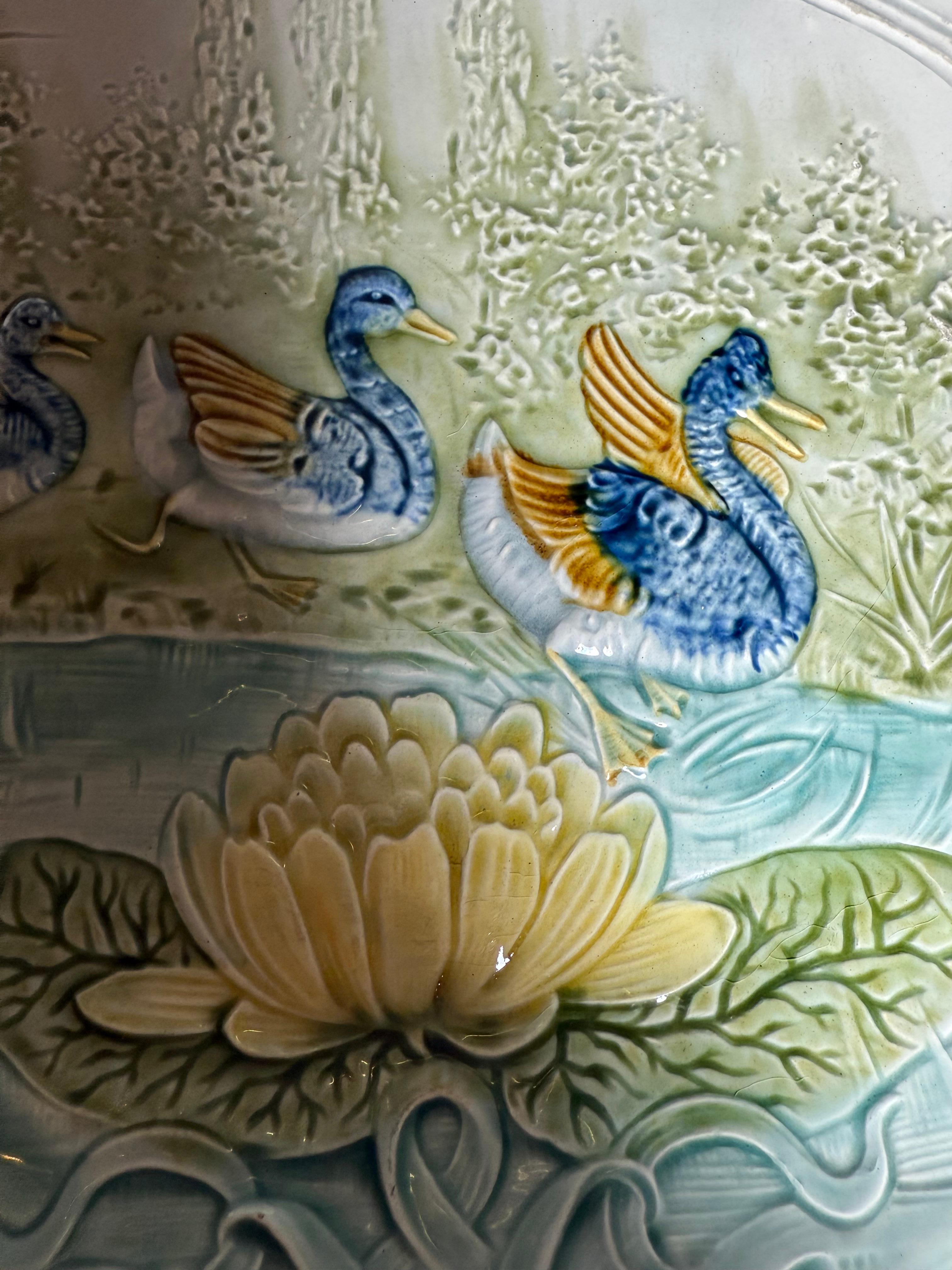 French Art Nouveau Majolica Large Plate Ducks Water Lily For Sale