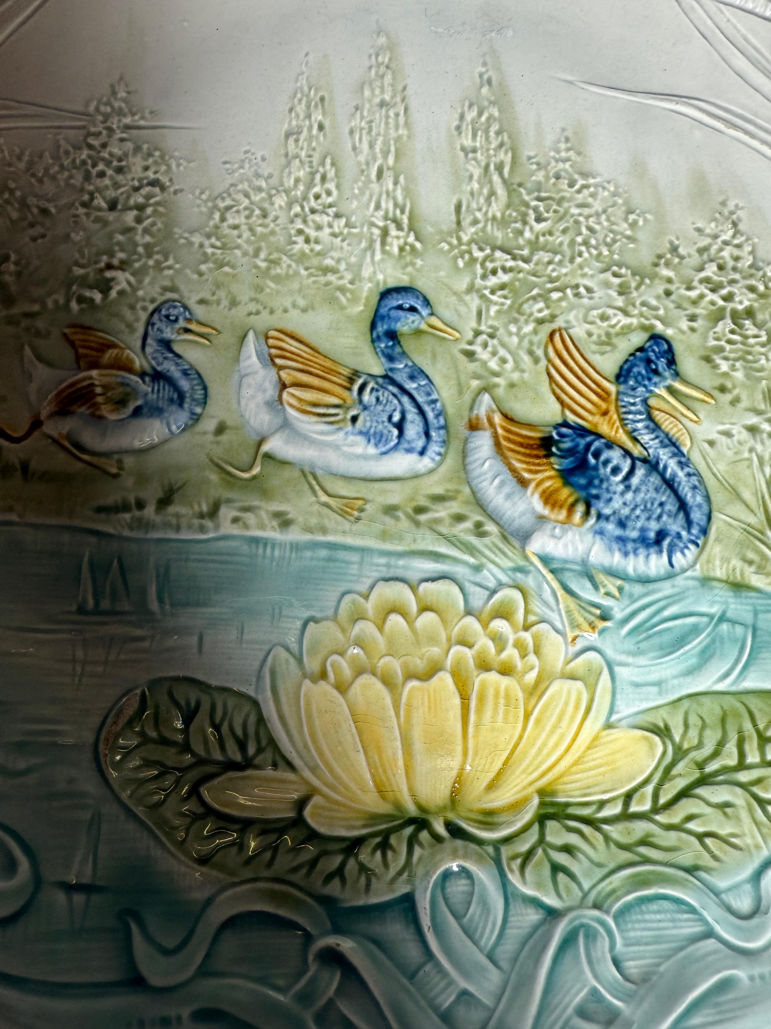 Glazed Art Nouveau Majolica Large Plate Ducks Water Lily For Sale