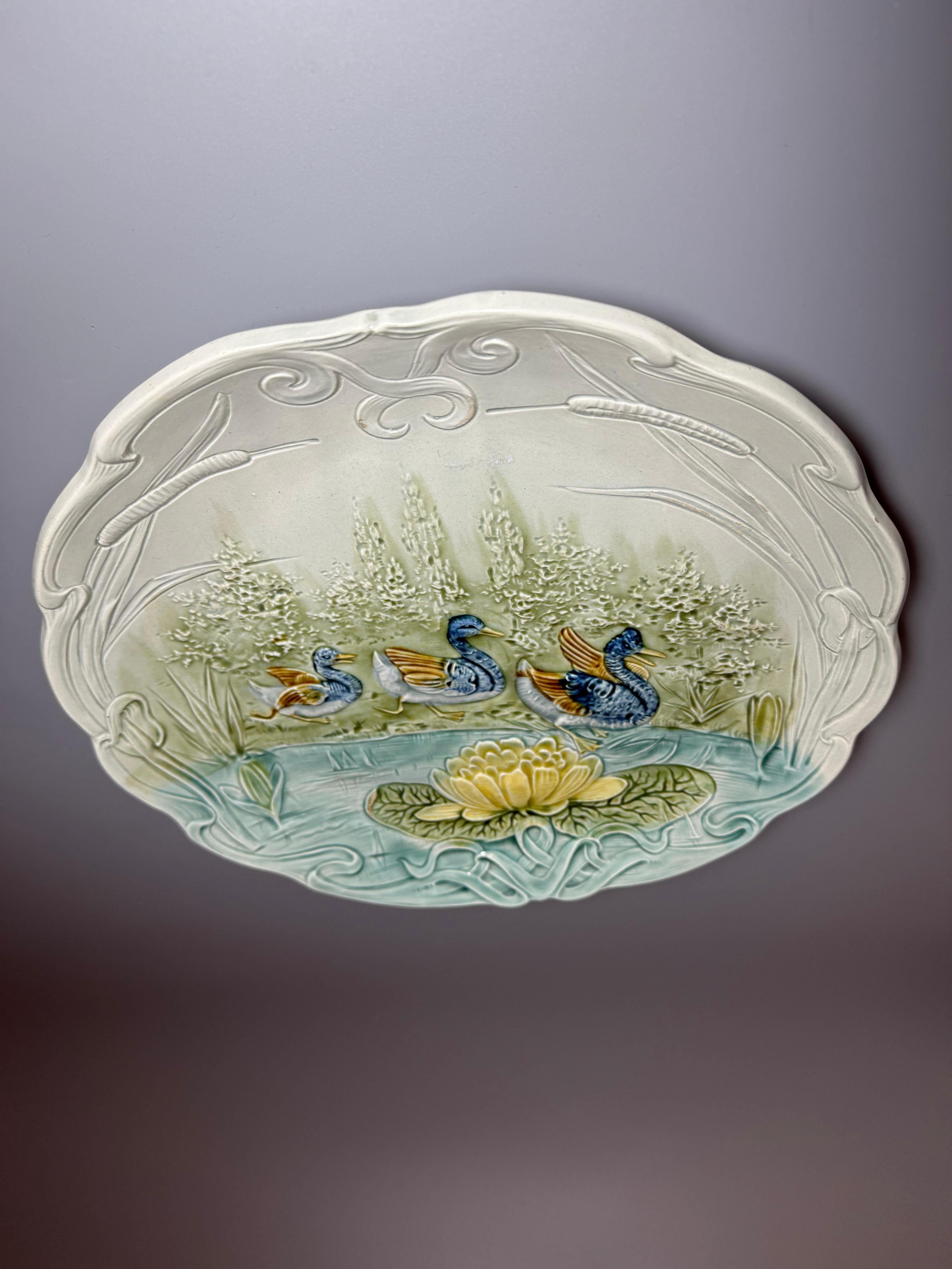 Ceramic Art Nouveau Majolica Large Plate Ducks Water Lily For Sale