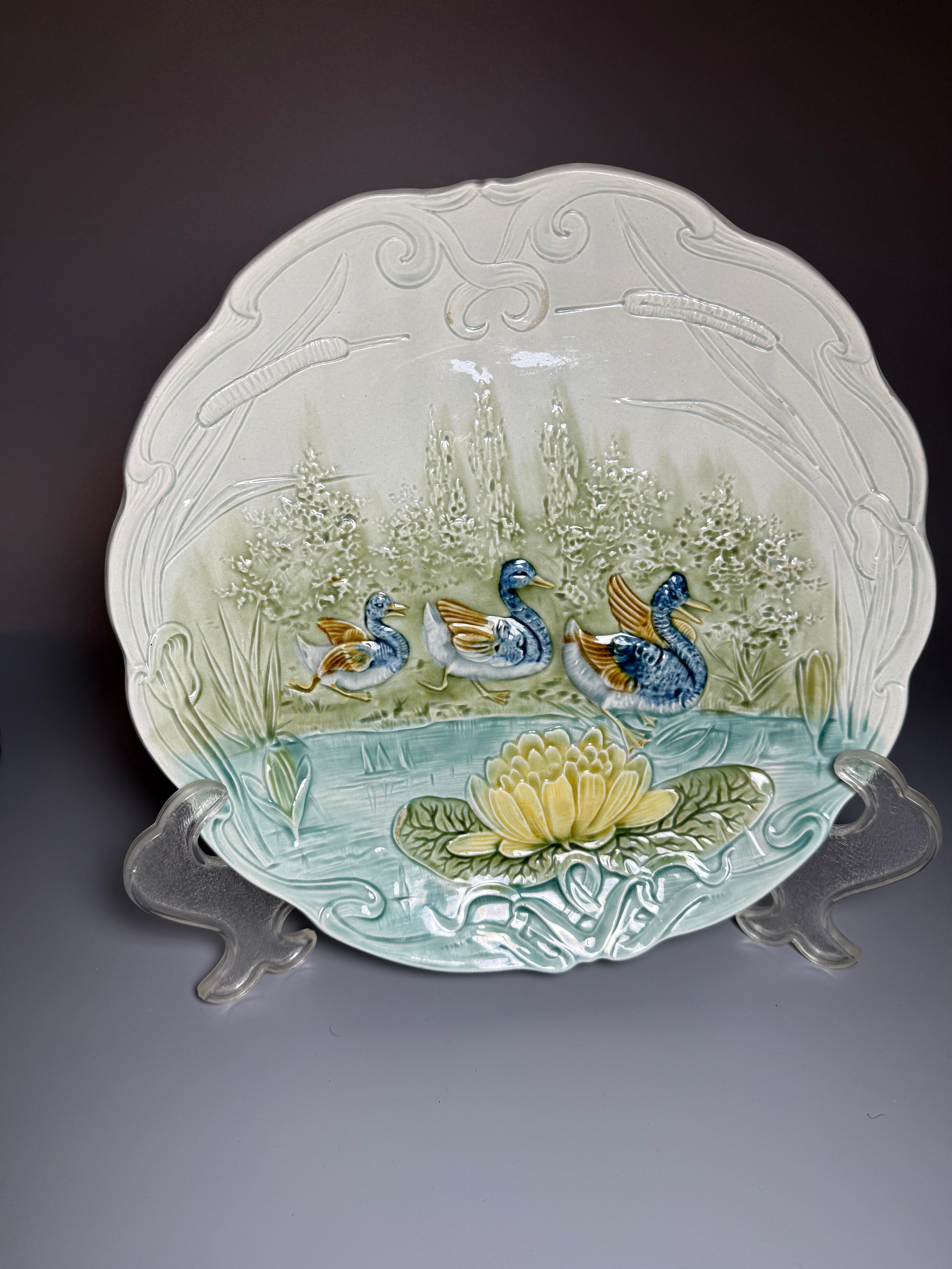Art Nouveau Majolica Large Plate Ducks Water Lily For Sale 1