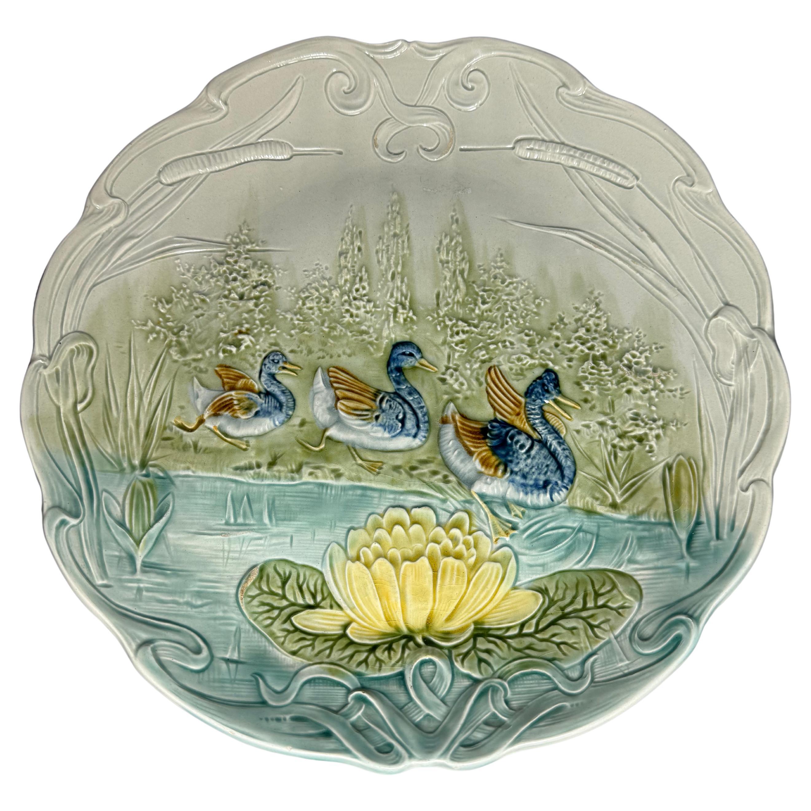 Art Nouveau Majolica Large Plate Ducks Water Lily For Sale