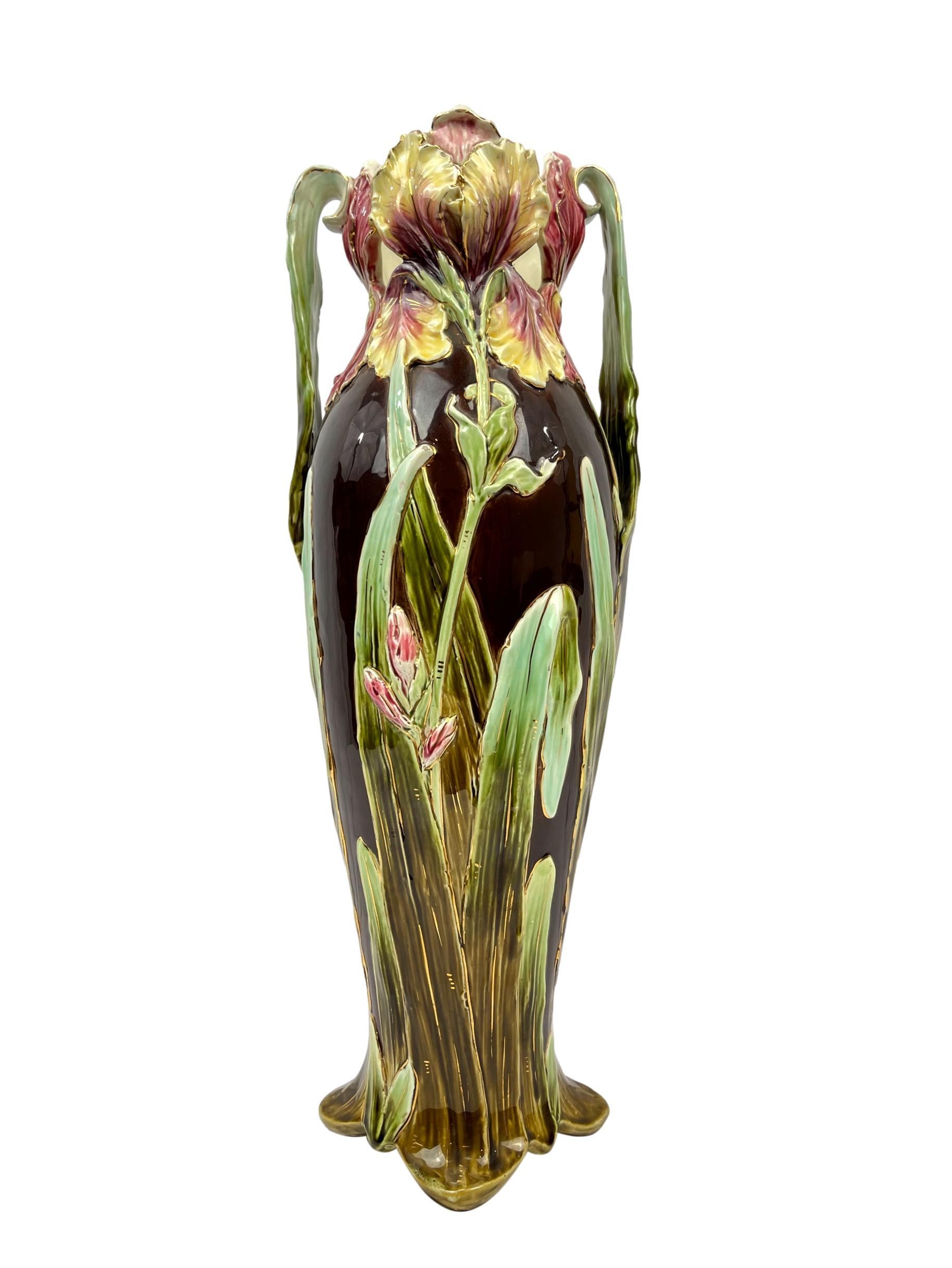 Victorian Art Nouveau Majolica Large Vase, 23-ins., Sarreguemines, French, ca. 1895