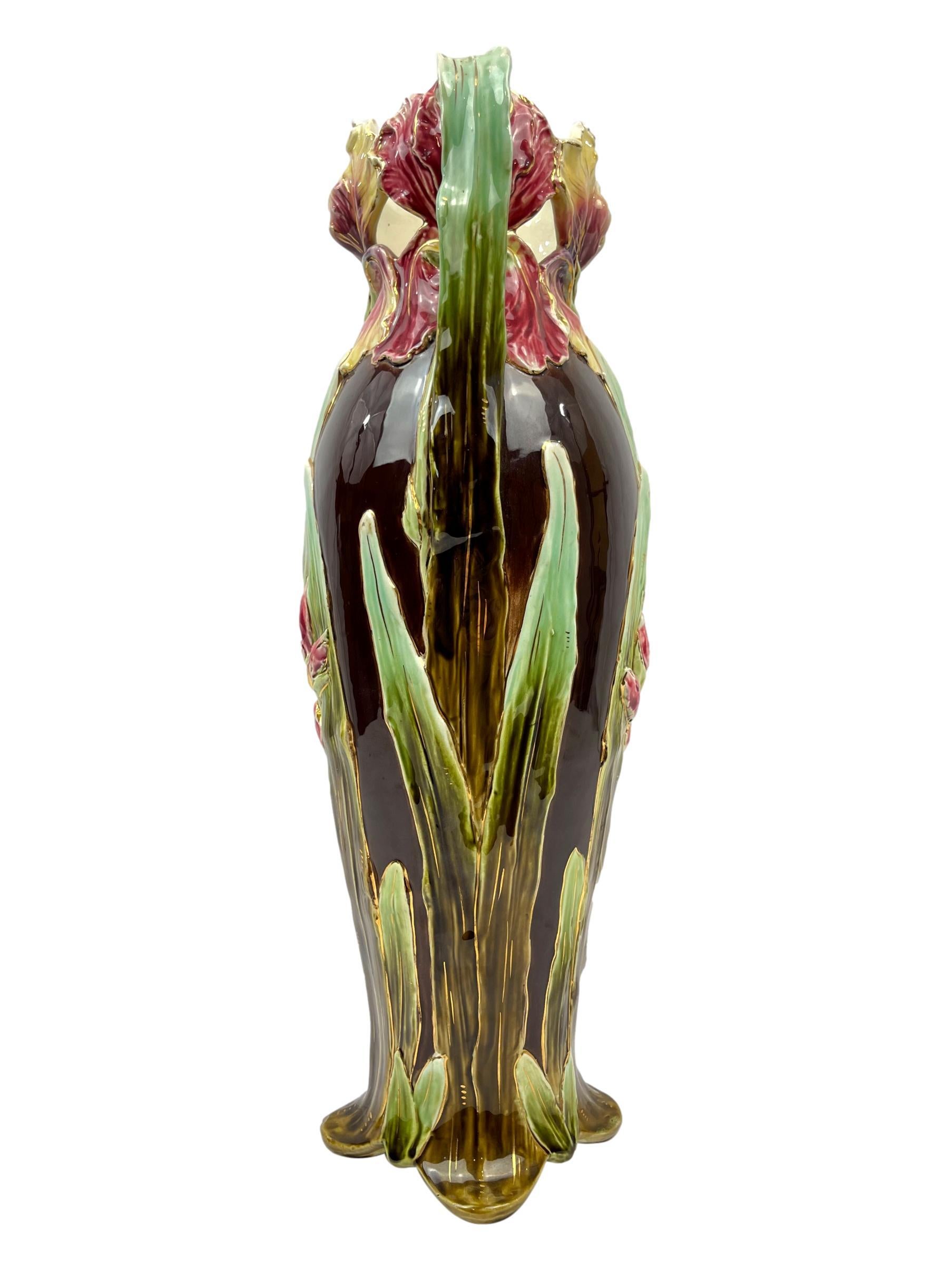 Molded Art Nouveau Majolica Large Vase, 23-ins., Sarreguemines, French, ca. 1895