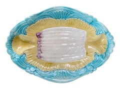 Plato ovalado para espárragos de mayólica Art Nouveau Fabricado por Orchies Francia