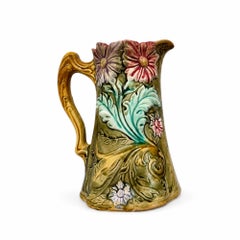 Art Nouveau Majolica Pitcher by Onnaing, Floral Design, France, 1900
