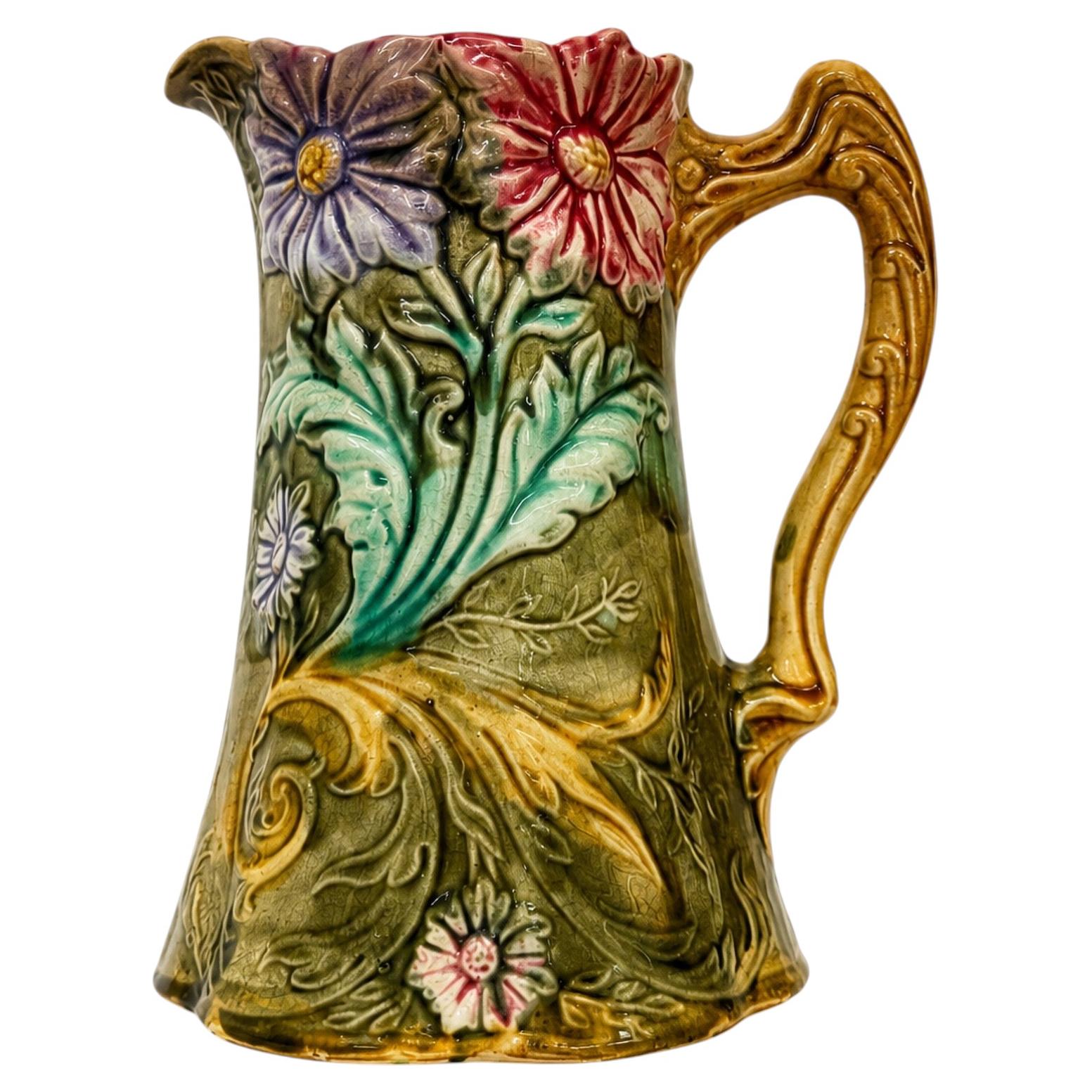 Art Nouveau Majolica Pitcher by Onnaing, Floral Design, France, 1900