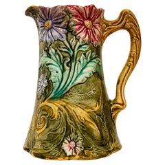 Art Nouveau Majolica Pitcher by Onnaing, Floral Design, France, 1900
