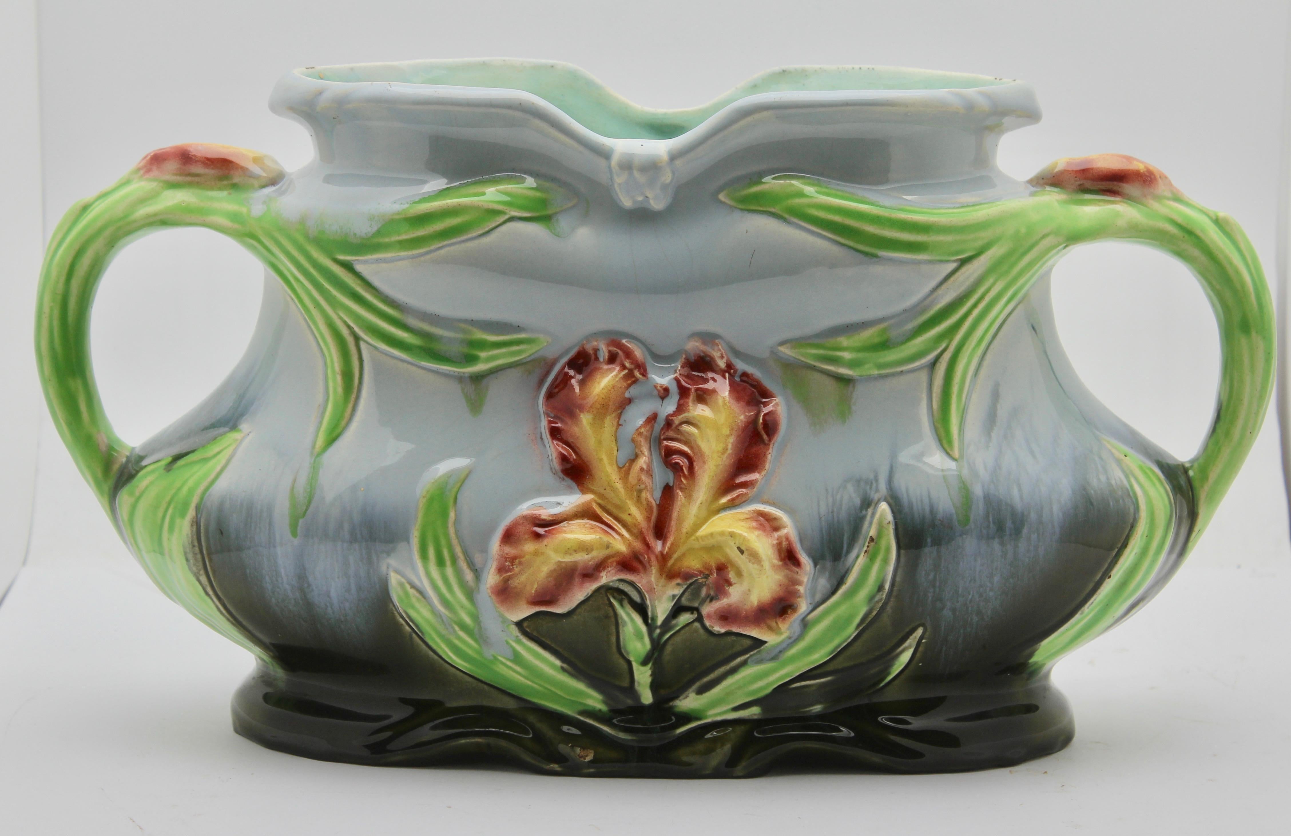 Art Nouveau Majolica Planter Vase and Jardiniere Set with Flag-Iris Decoration 4