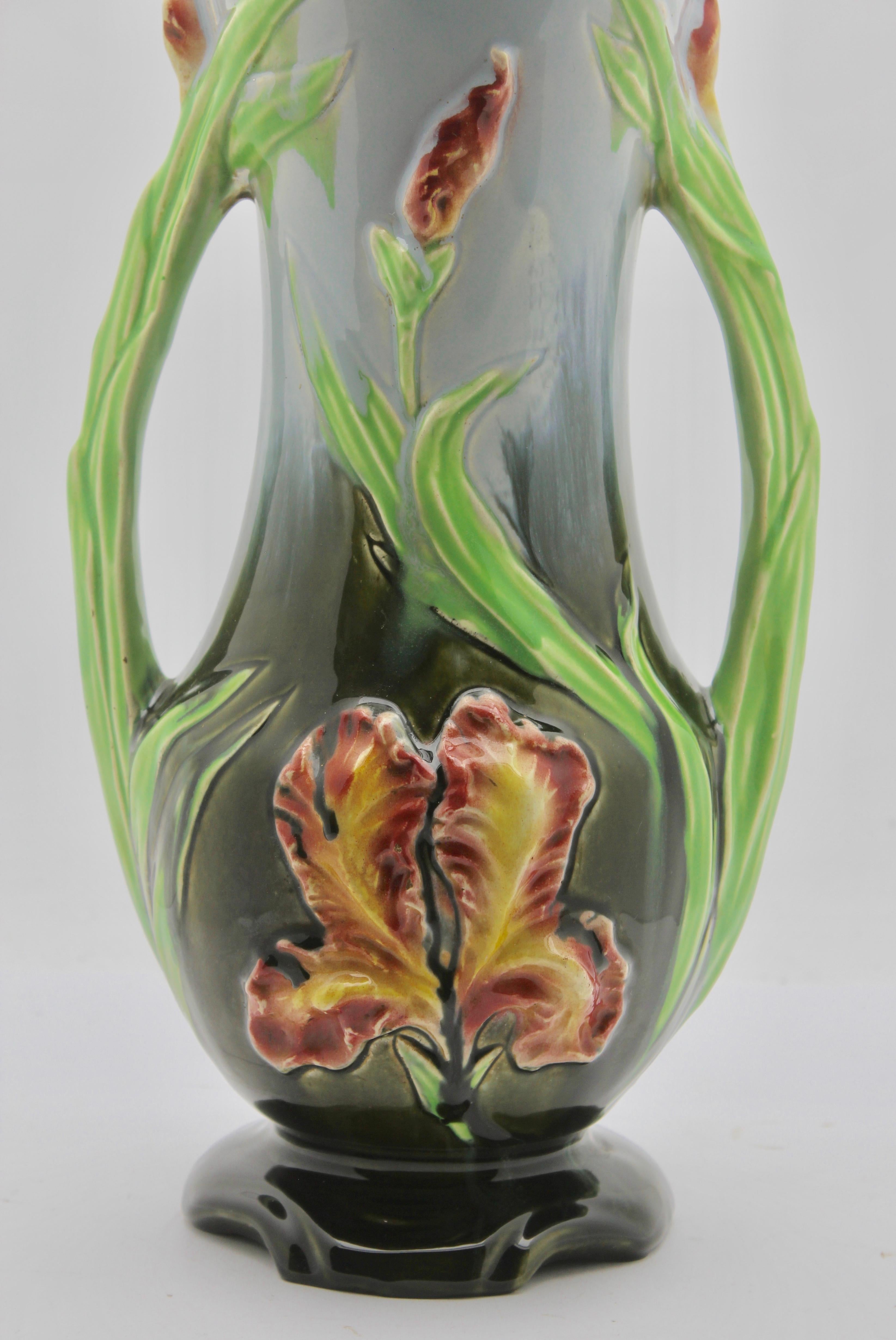 Art Nouveau Majolica Planter Vase and Jardiniere Set with Flag-Iris Decoration 5