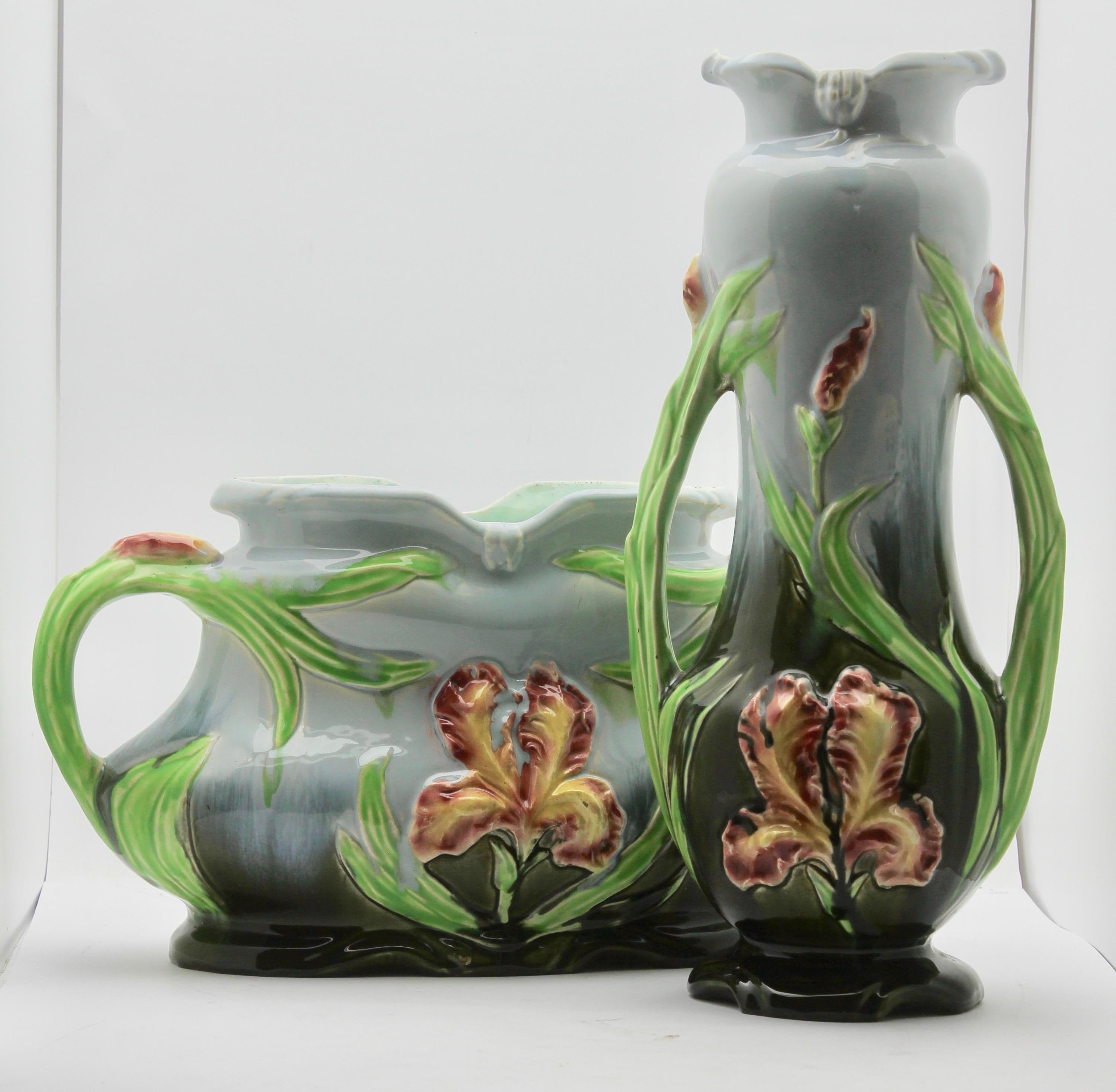 Art Nouveau Majolica Planter Vase and Jardiniere Set with Flag-Iris Decoration 6