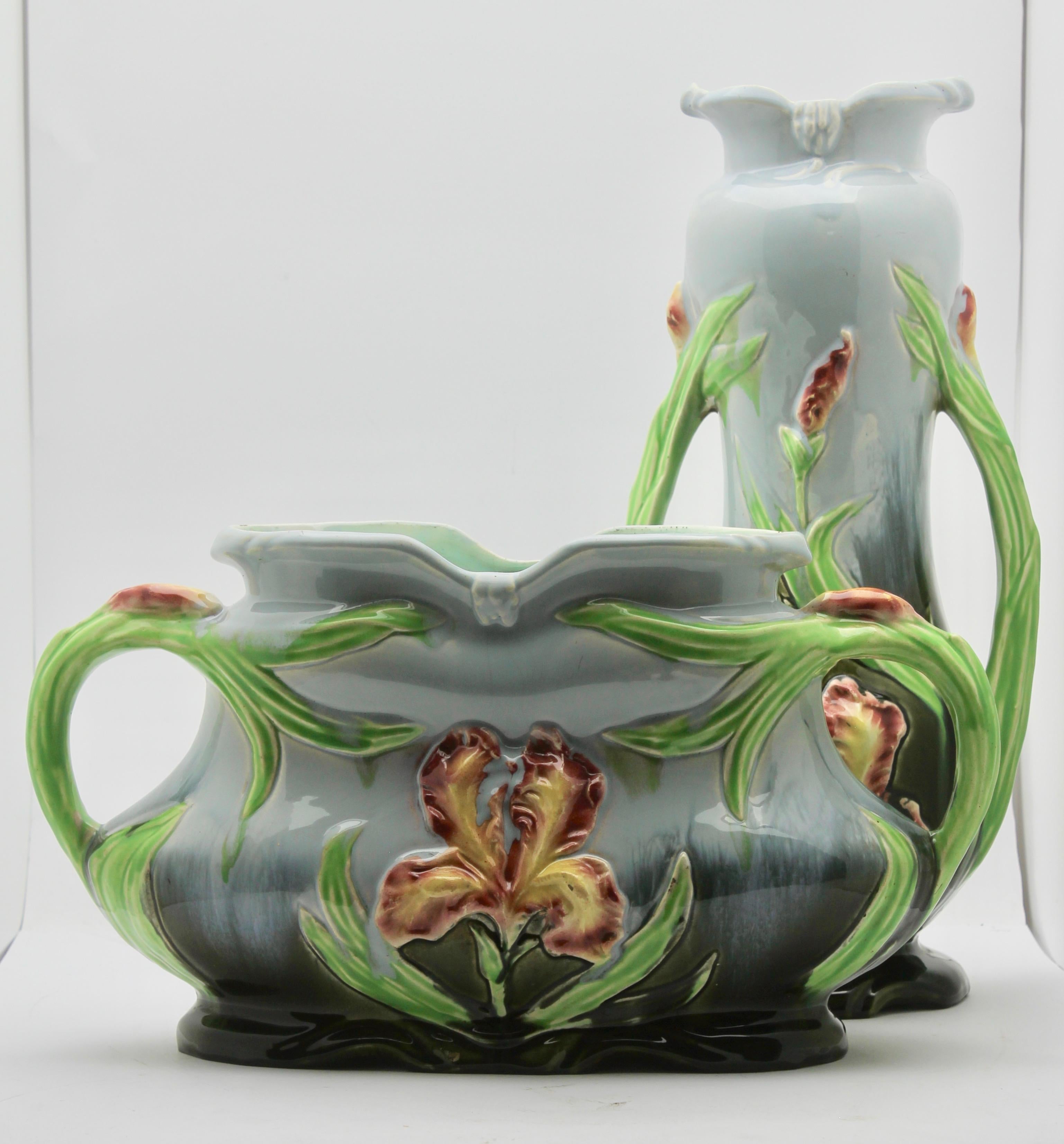 Art Nouveau Majolica Planter Vase and Jardiniere Set with Flag-Iris Decoration 7