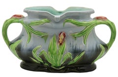 Art Nouveau Majolica Planter Vase and Jardiniere Set with Flag-Iris Decoration