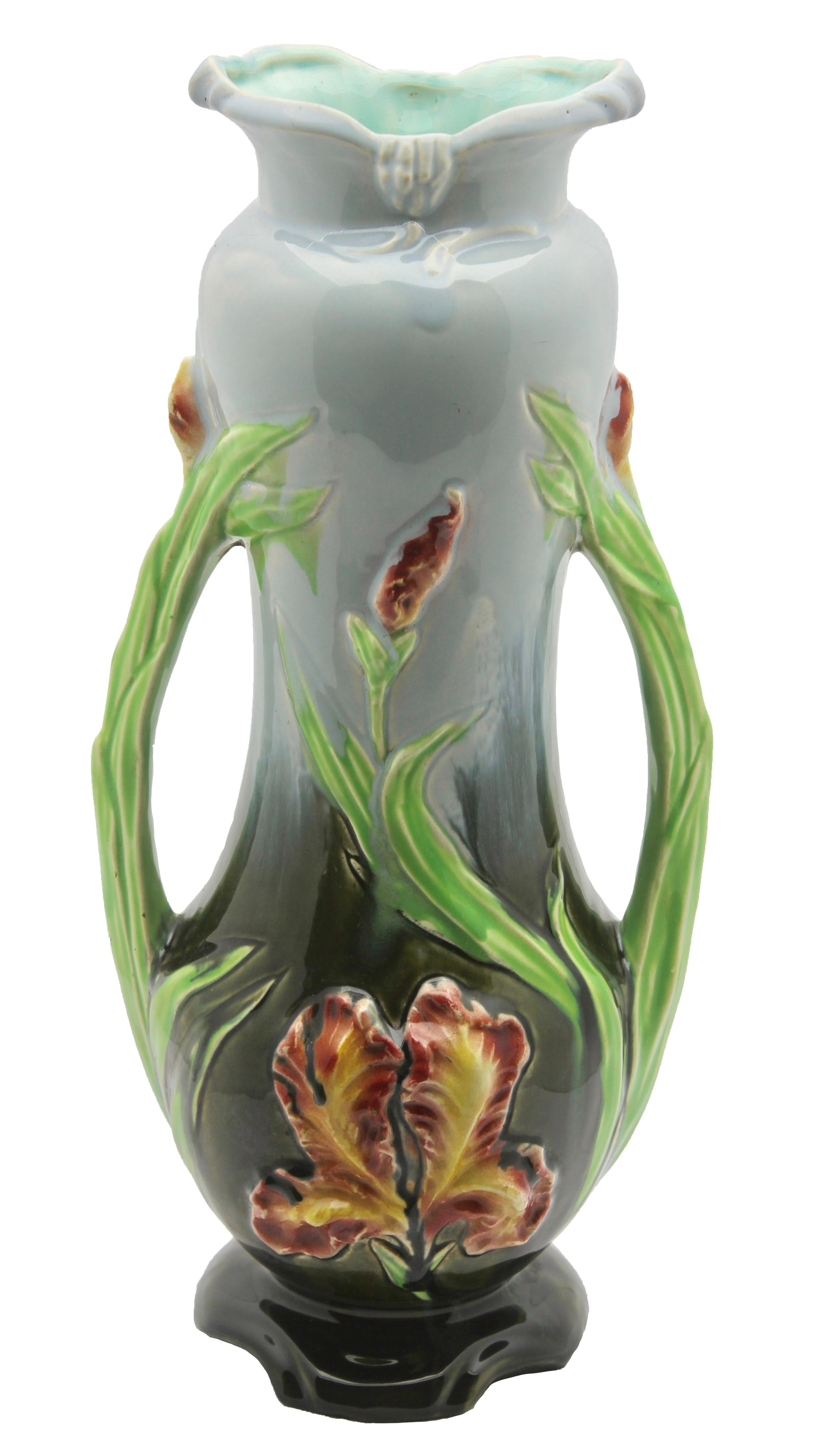 Belgian Art Nouveau Majolica Planter Vase and Jardiniere Set with Flag-Iris Decoration