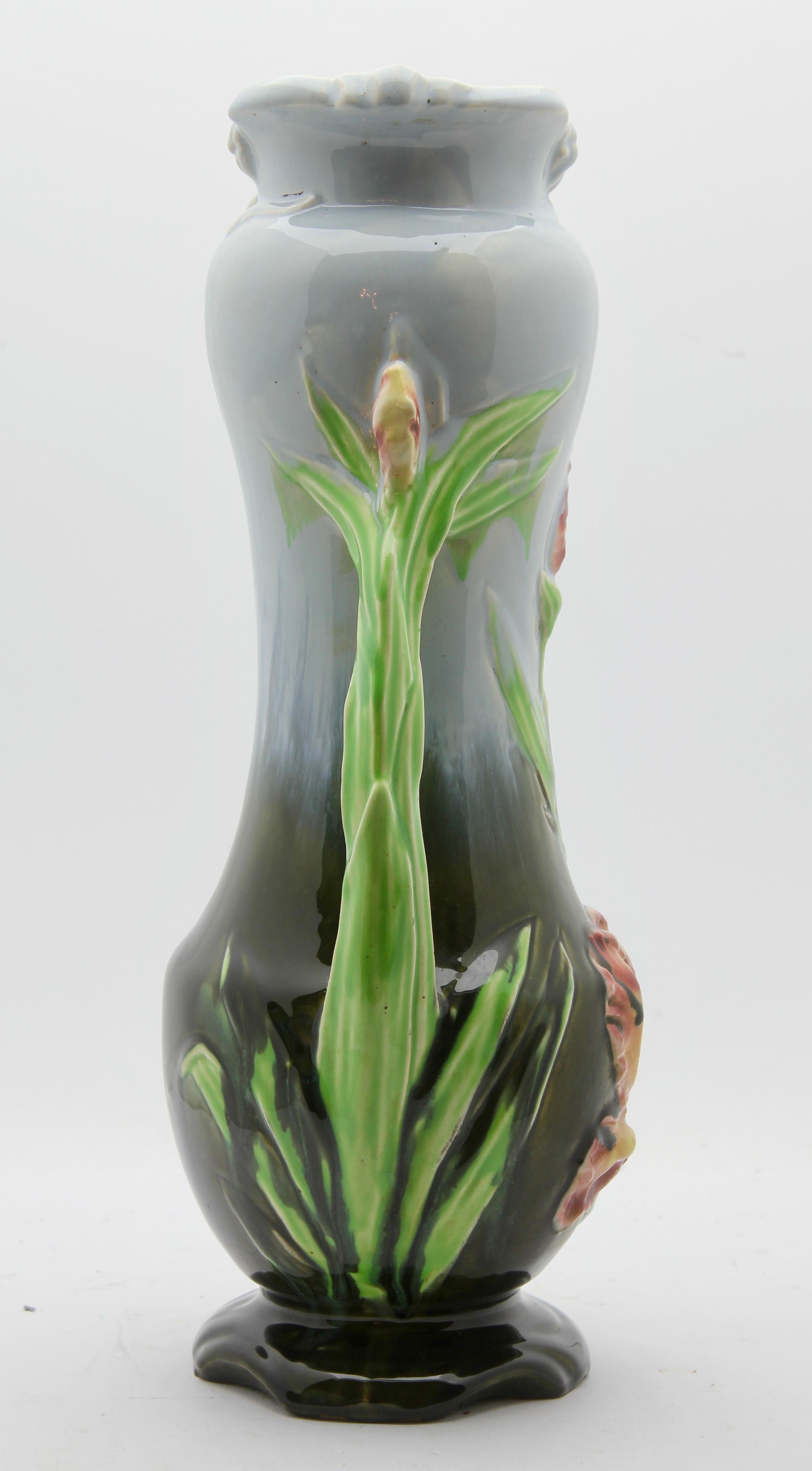 Glazed Art Nouveau Majolica Planter Vase and Jardiniere Set with Flag-Iris Decoration