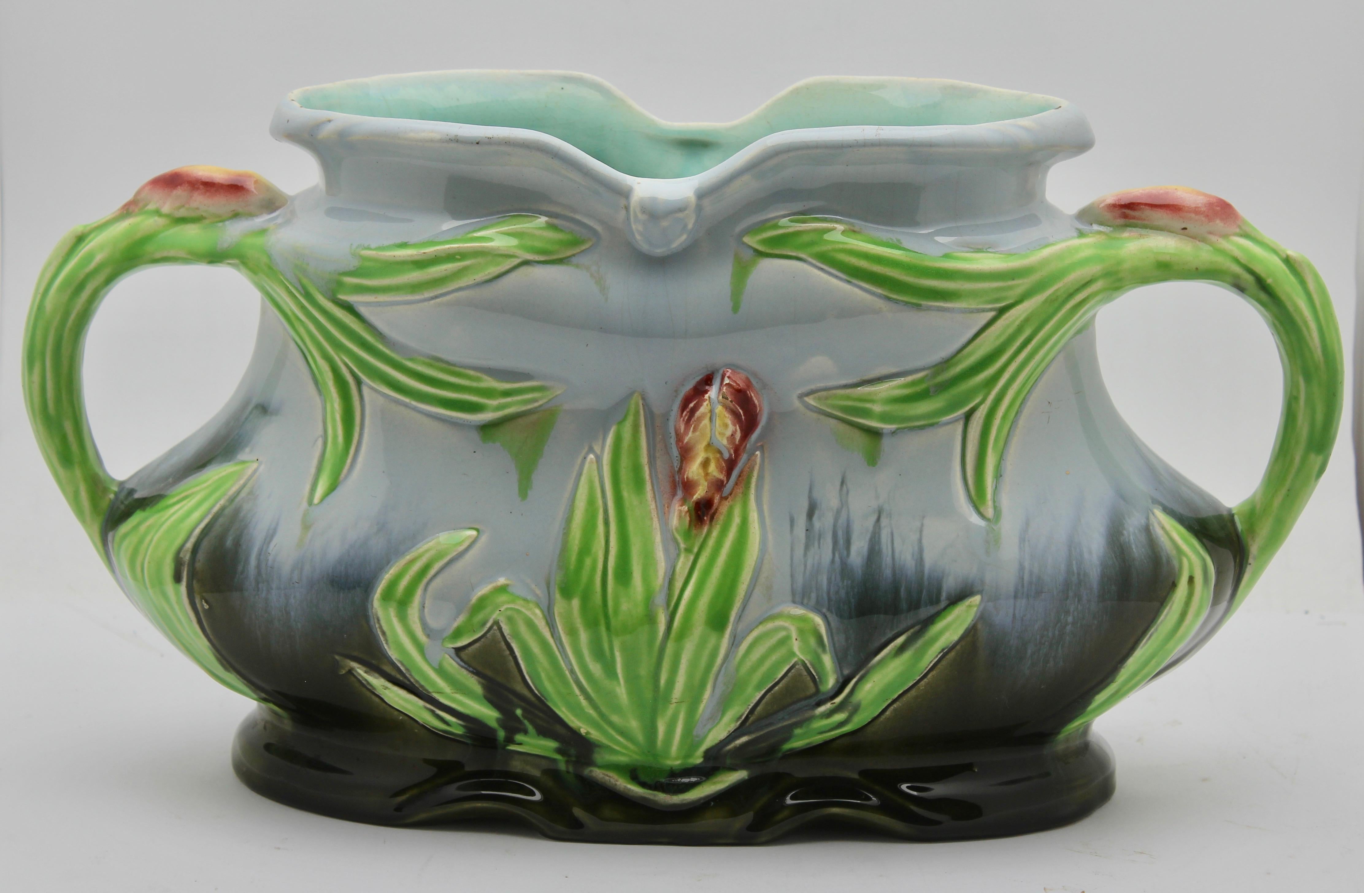 Early 20th Century Art Nouveau Majolica Planter Vase and Jardiniere Set with Flag-Iris Decoration