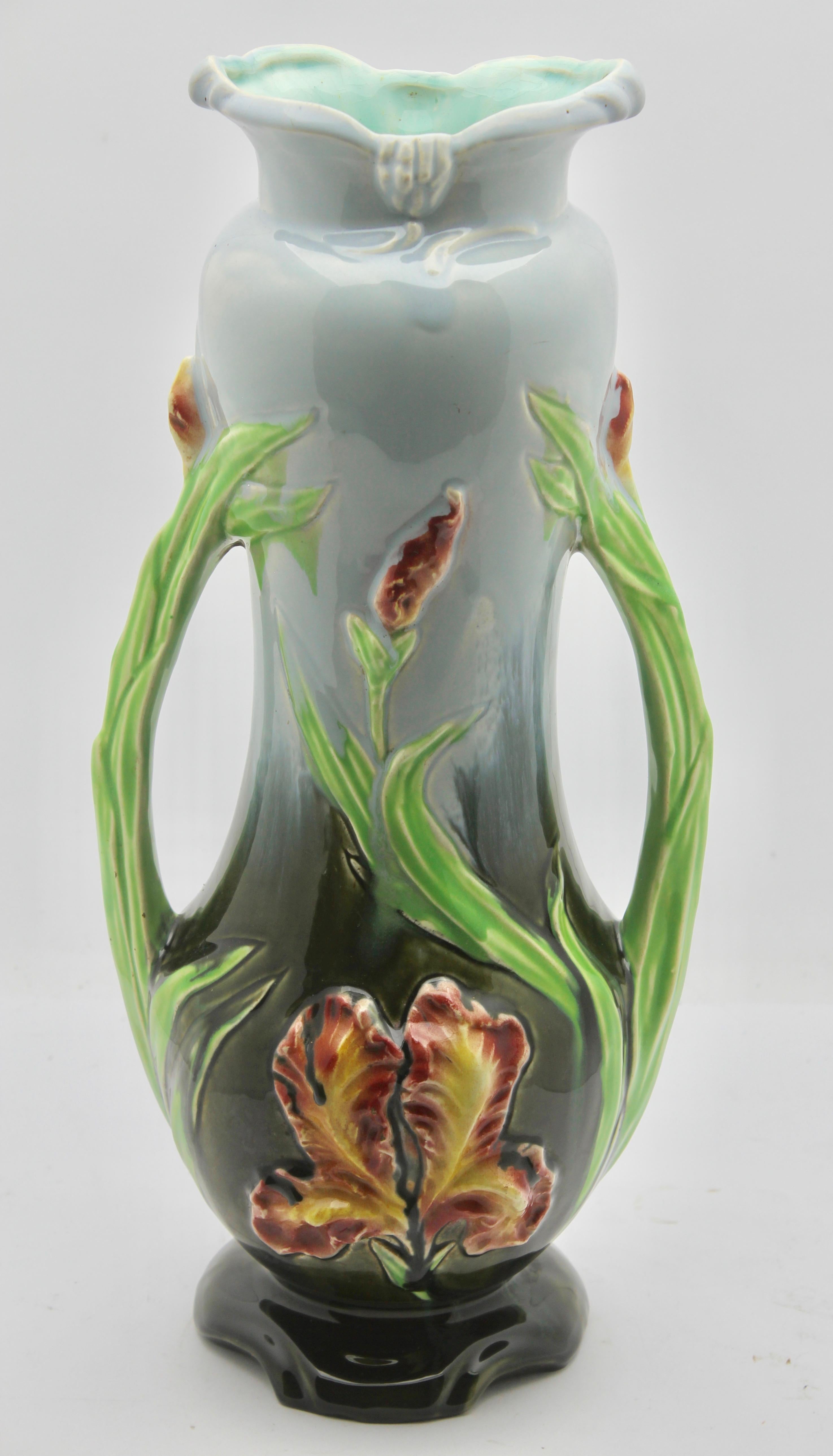 Art Nouveau Majolica Planter Vase and Jardiniere Set with Flag-Iris Decoration 3