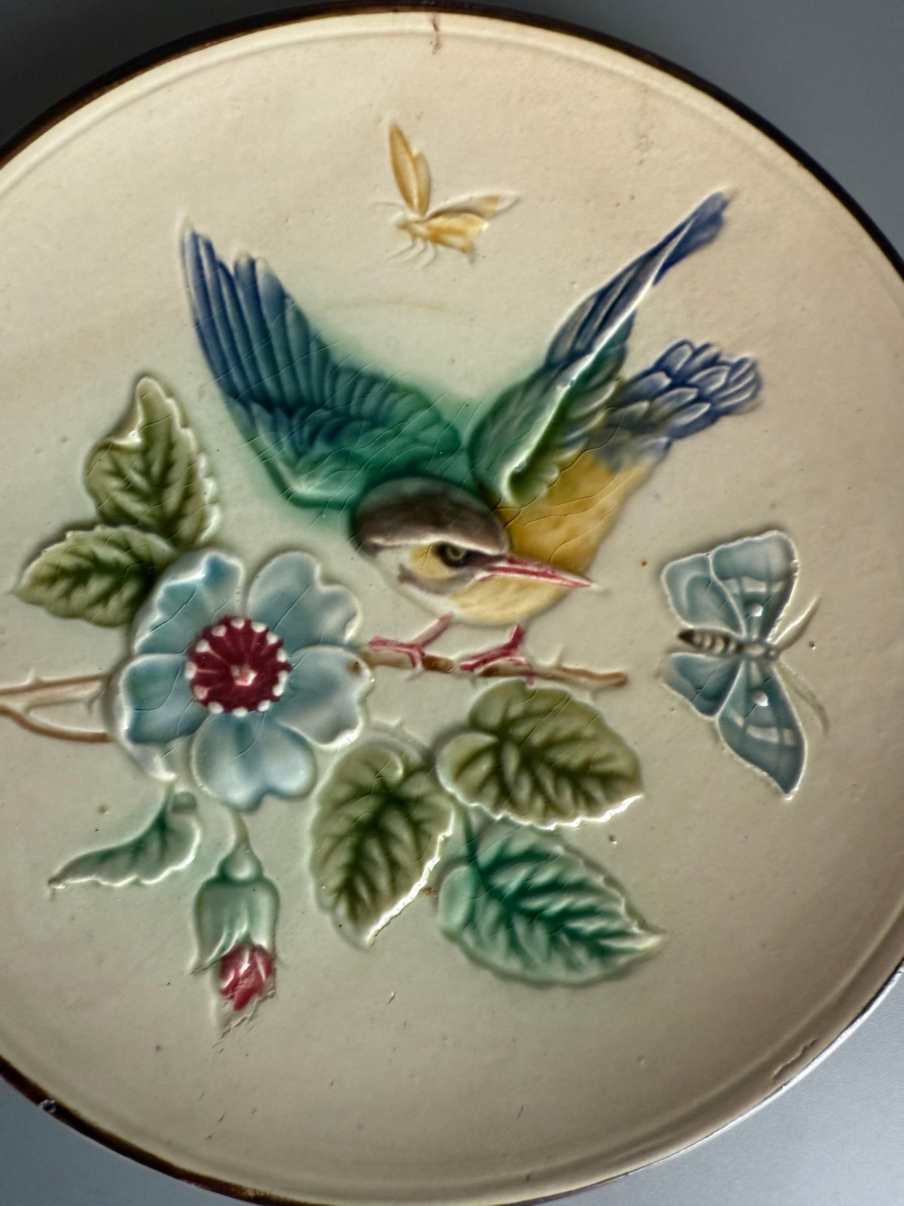 Swedish Art Nouveau Majolica Plate Bird Butterflies Rörstrand Sweden For Sale