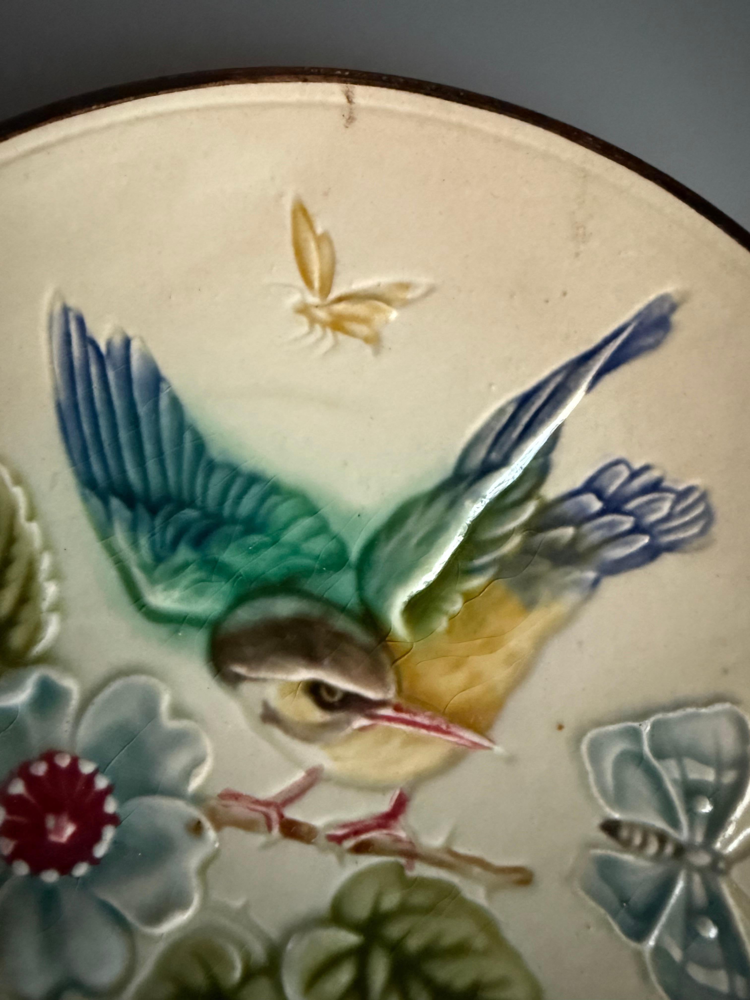 Late 19th Century Art Nouveau Majolica Plate Bird Butterflies Rörstrand Sweden For Sale
