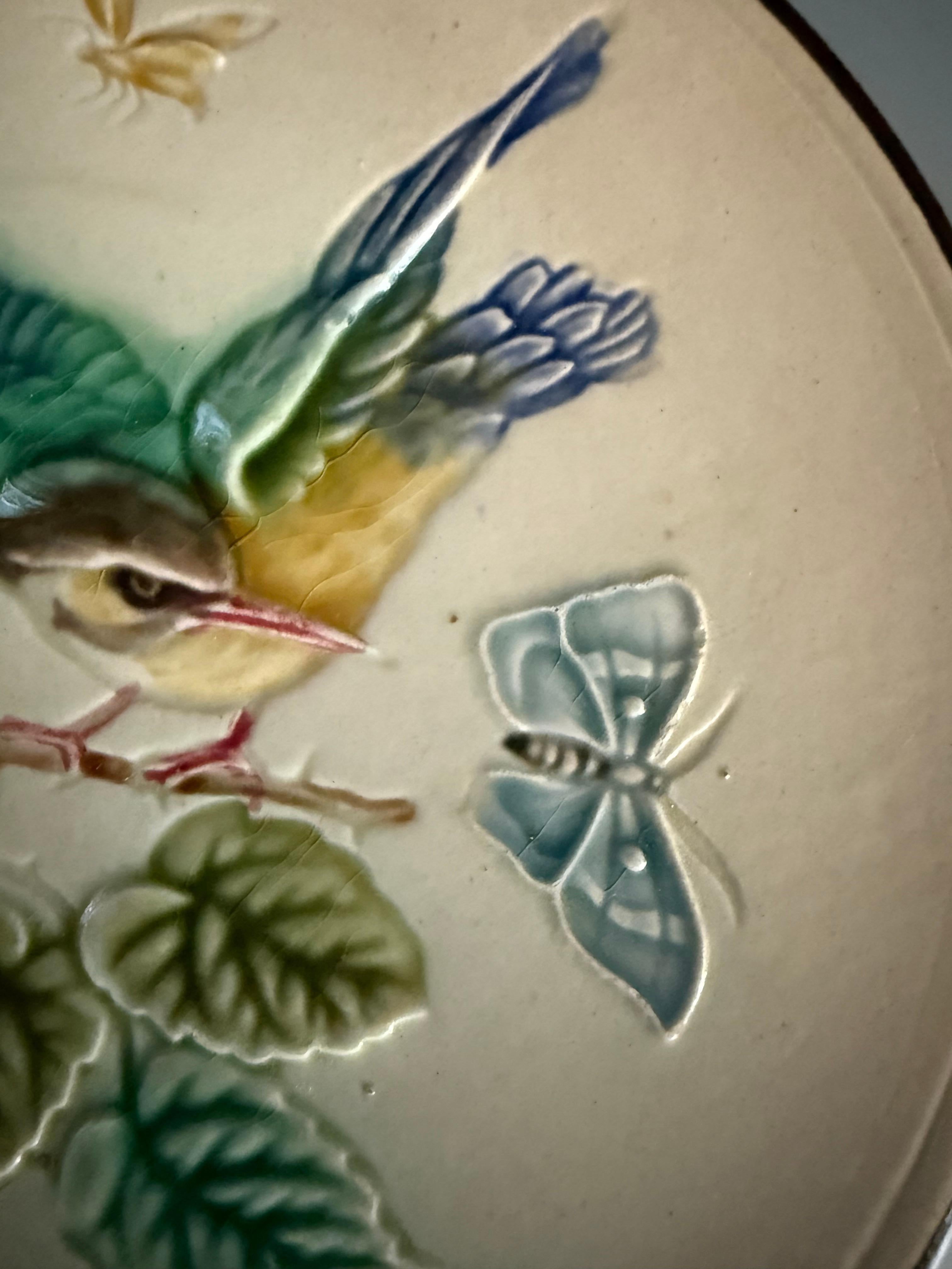 Ceramic Art Nouveau Majolica Plate Bird Butterflies Rörstrand Sweden For Sale