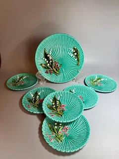 Art Nouveau Majolica Serving Dish Set by Schramberg, Teal Glaze, 1920s