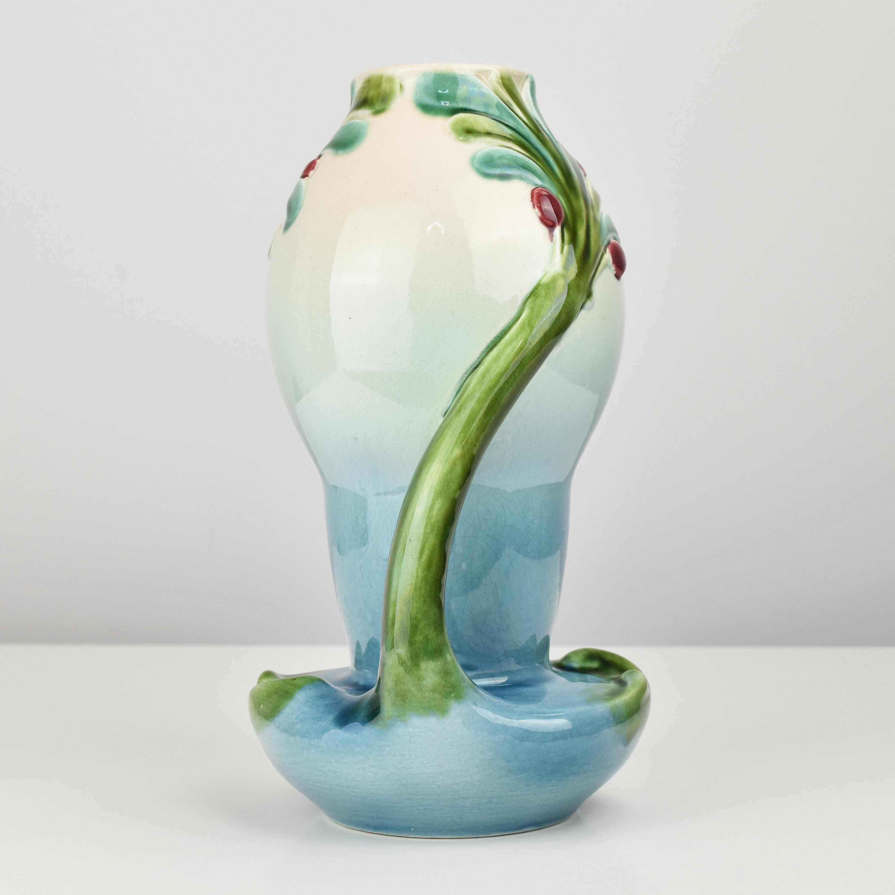 Glazed Art Nouveau Majolica Vase by Sarreguemines, France For Sale