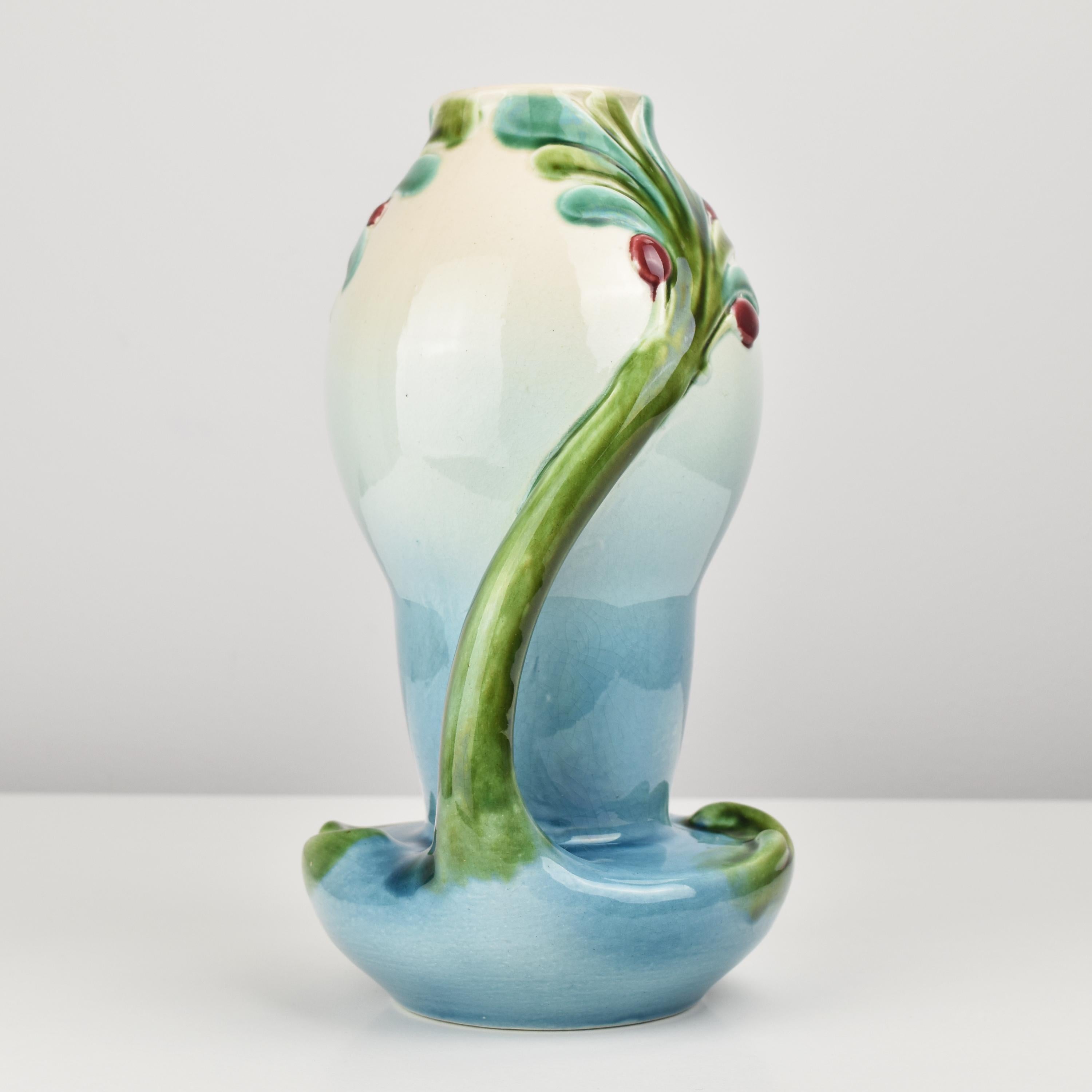 Early 20th Century Art Nouveau Majolica Vase by Sarreguemines, France For Sale
