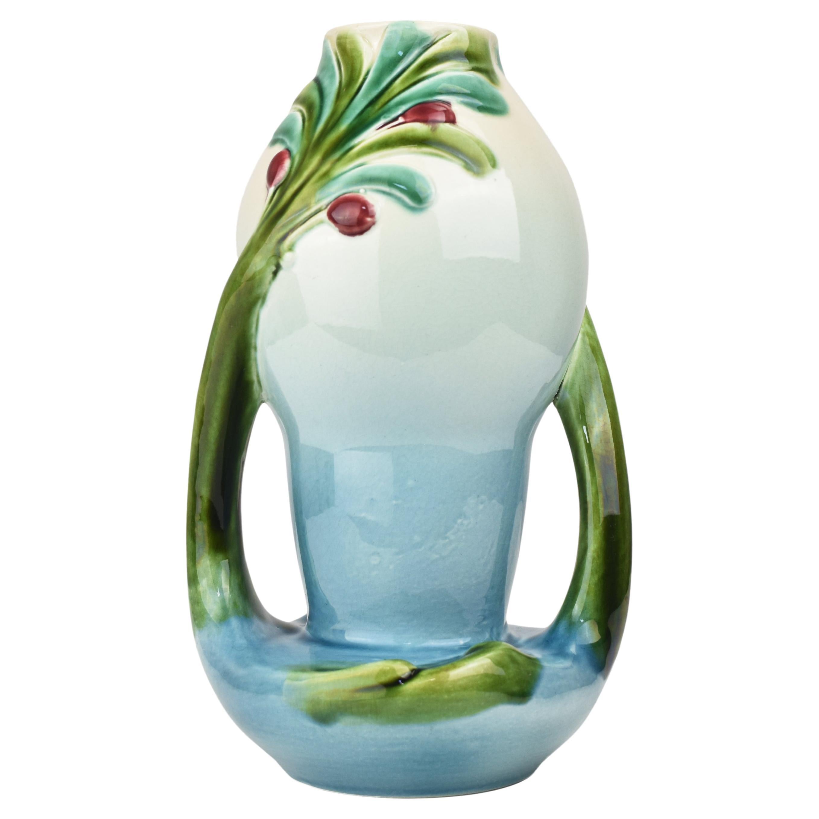 Art Nouveau Majolica Vase by Sarreguemines, France For Sale